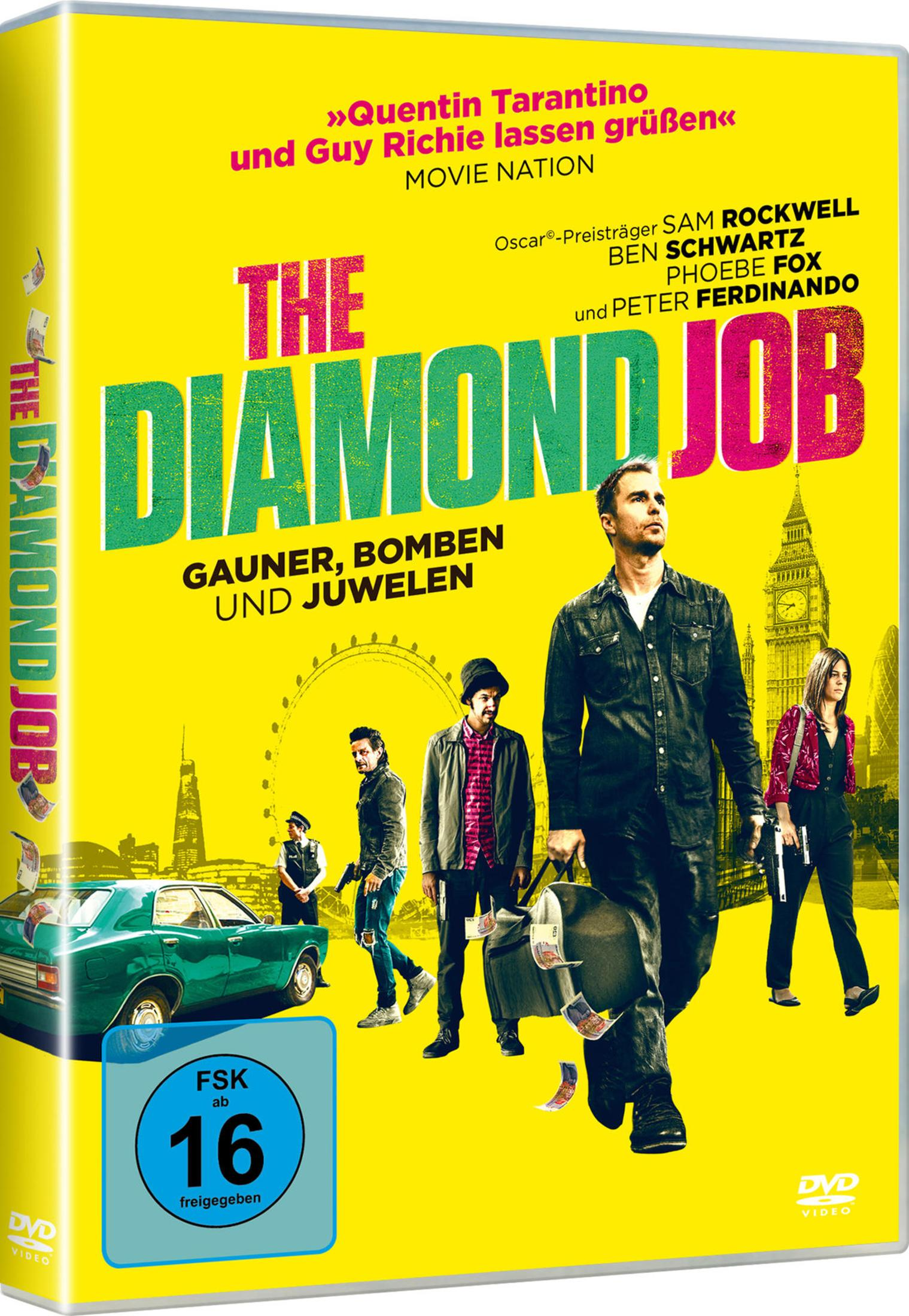 Poster per "The Diamond Job" con attori, un'auto e monumenti di Londra.