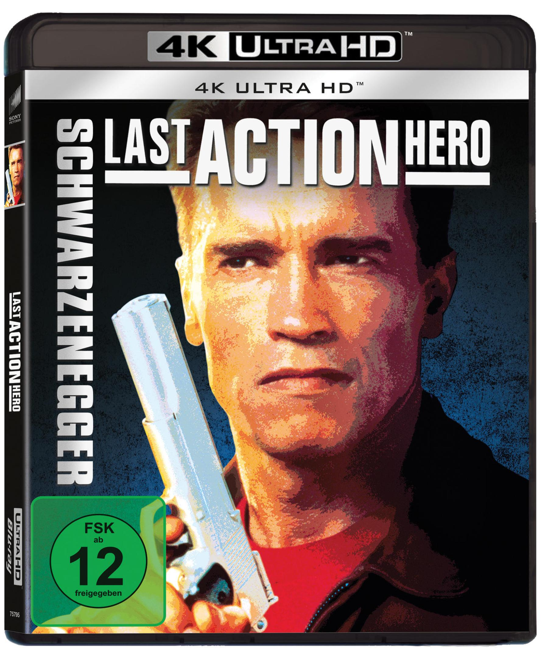 Arnold Schwarzenegger tiene una pistola d'argento. Copertina 4K UHD "Last Action Hero".