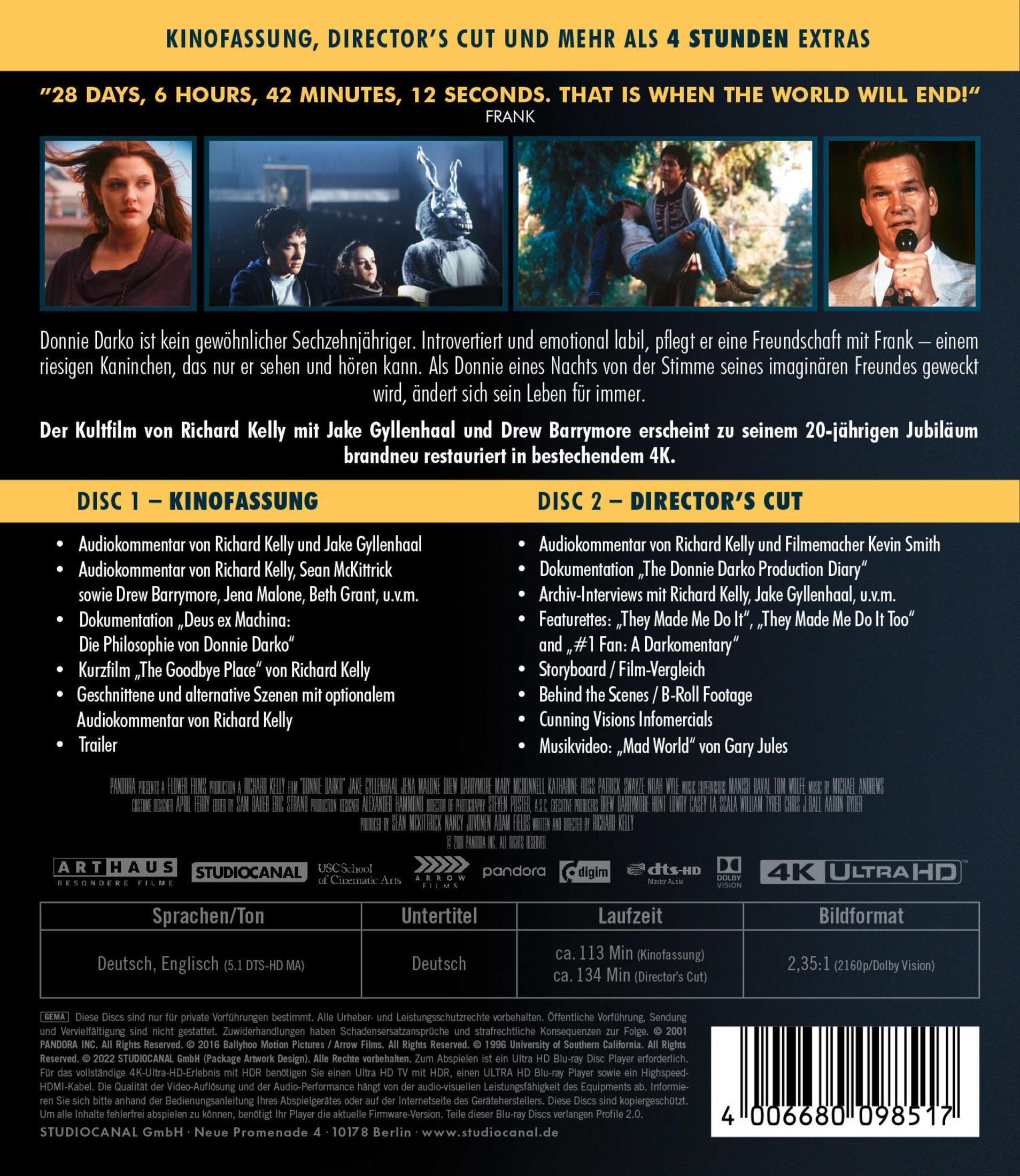 Cover für Donnie Darko, 4K Ultra HD Blu-ray, mit Bildern der Schauspieler und Filminformationen.
