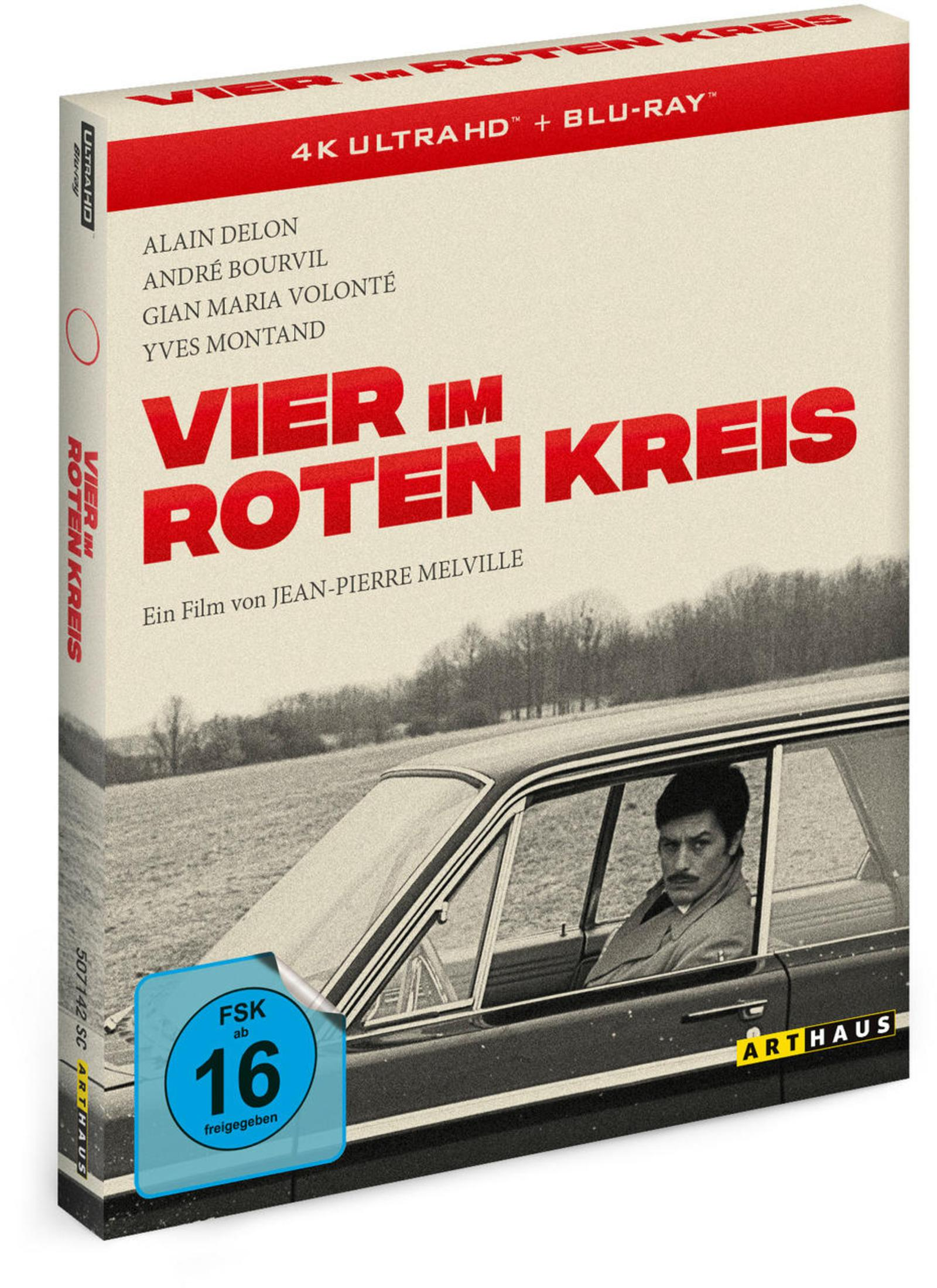 Filmcover von 'Vier im roten Kreis' mit Alain Delon im Auto, FSK 16.