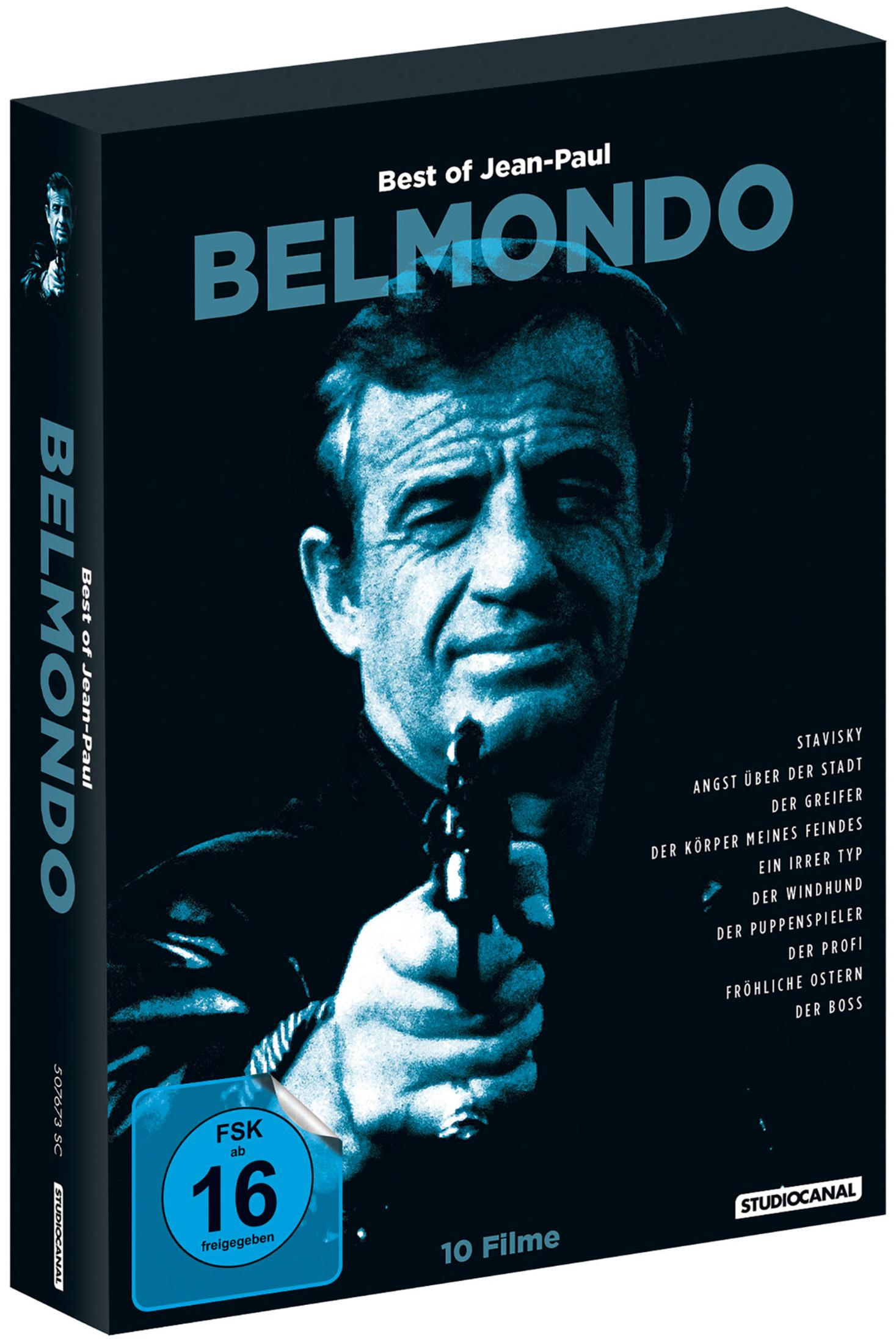 Copertina DVD: Jean-Paul Belmondo tiene una pistola, titolo "BELMONDO".