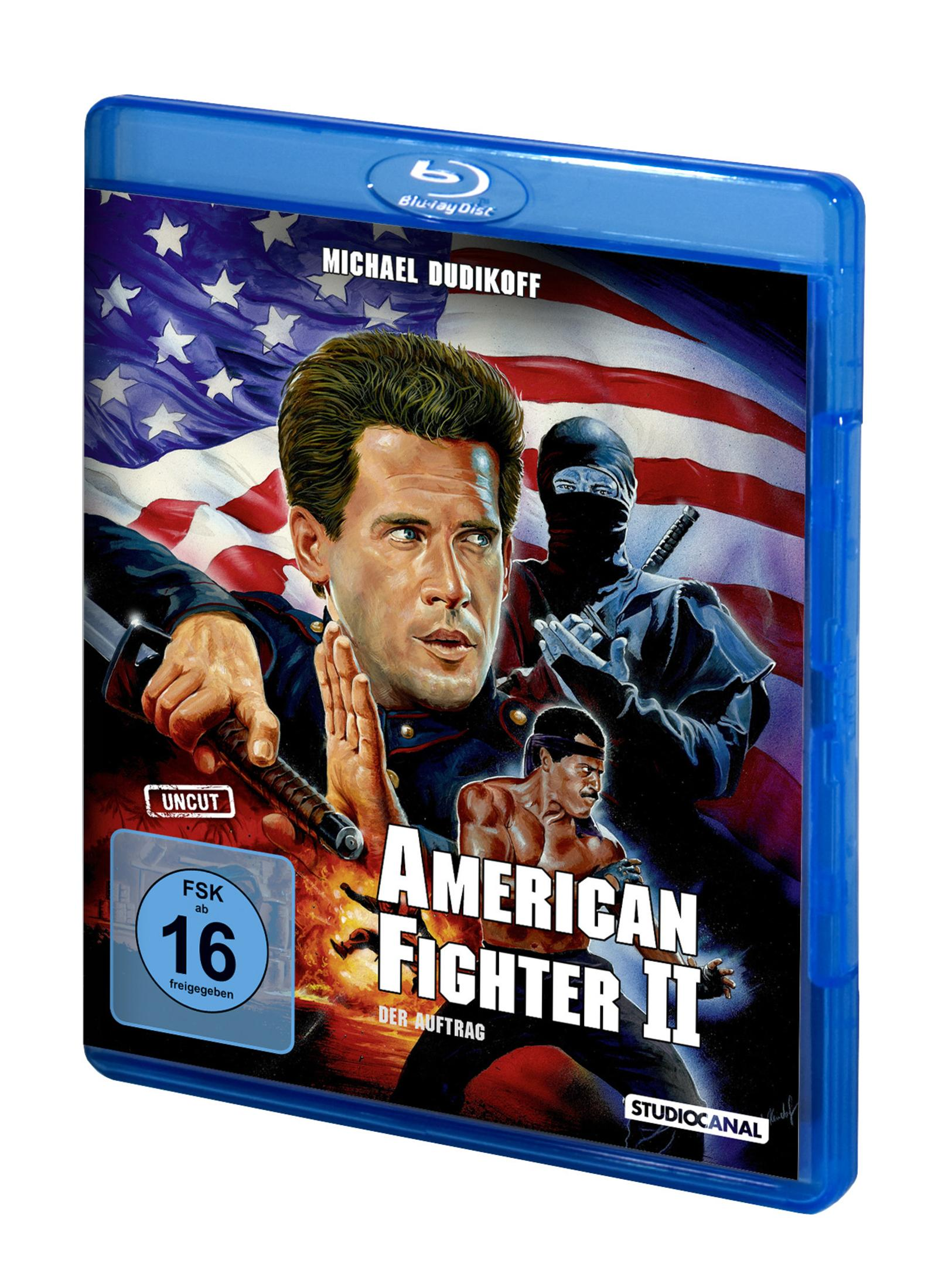Custodia Blu-ray di American Fighter II con Michael Dudikoff, un ninja e la bandiera USA.