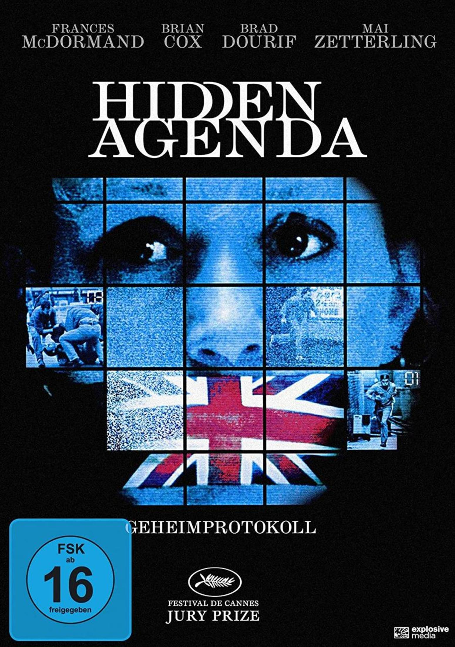 Filmplakat für "Hidden Agenda" mit zersplitterten Bildern und der britischen Flagge.