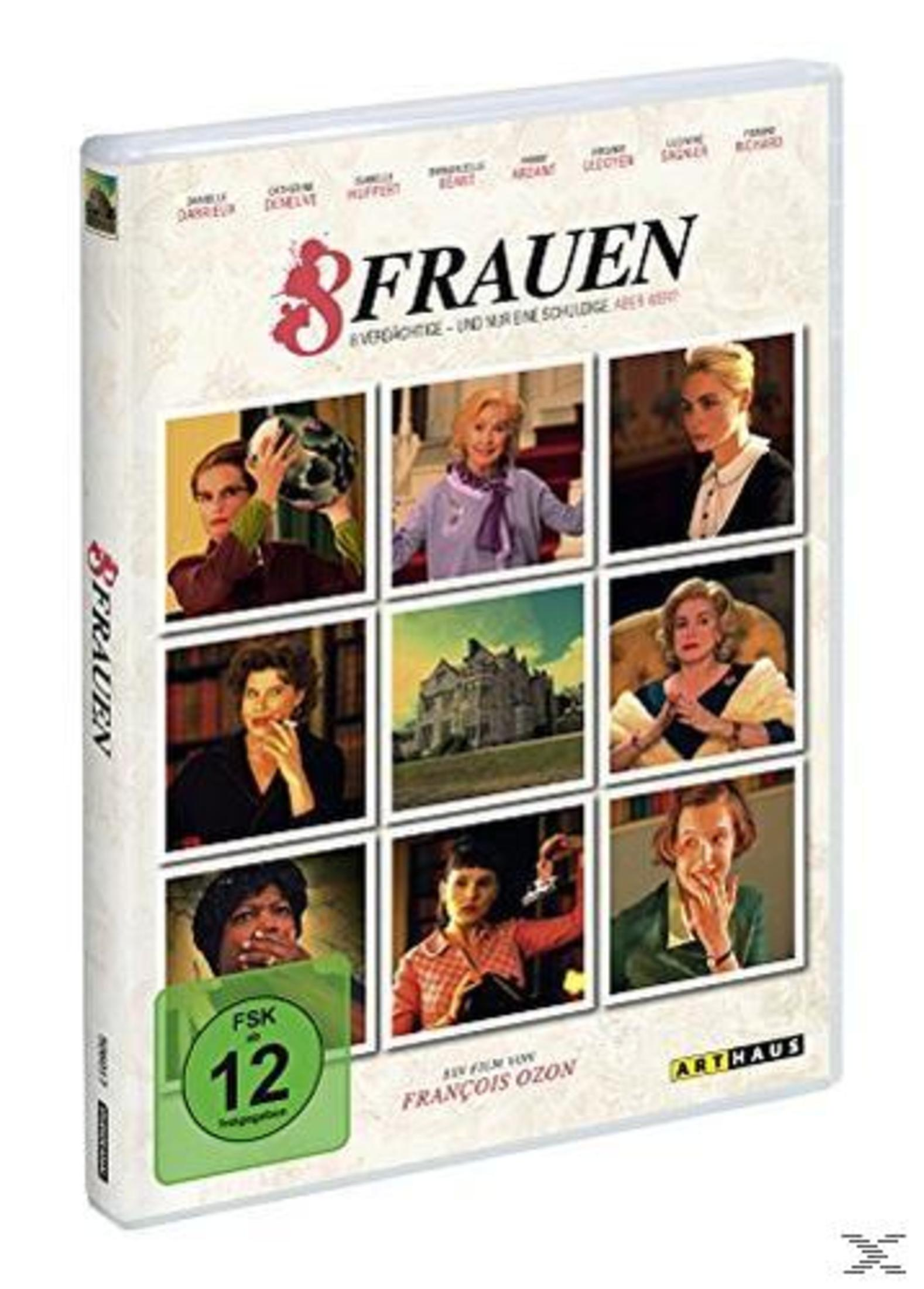 Copertina DVD con 9 ritratti di donne, titolo '8 Donne', FSK 12.