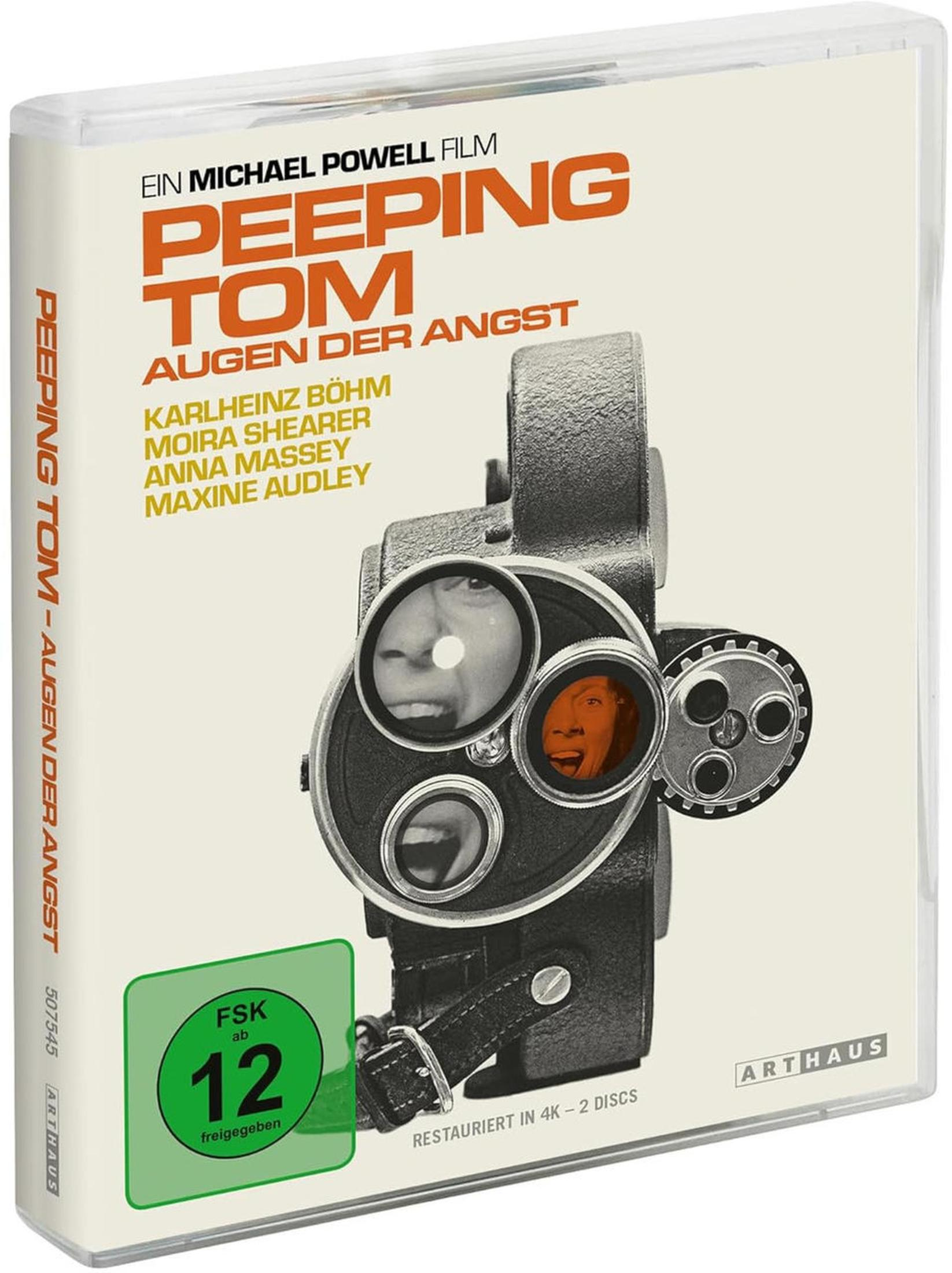 Copertina del film "Peeping Tom" con bobina, nomi degli attori e sigillo FSK.