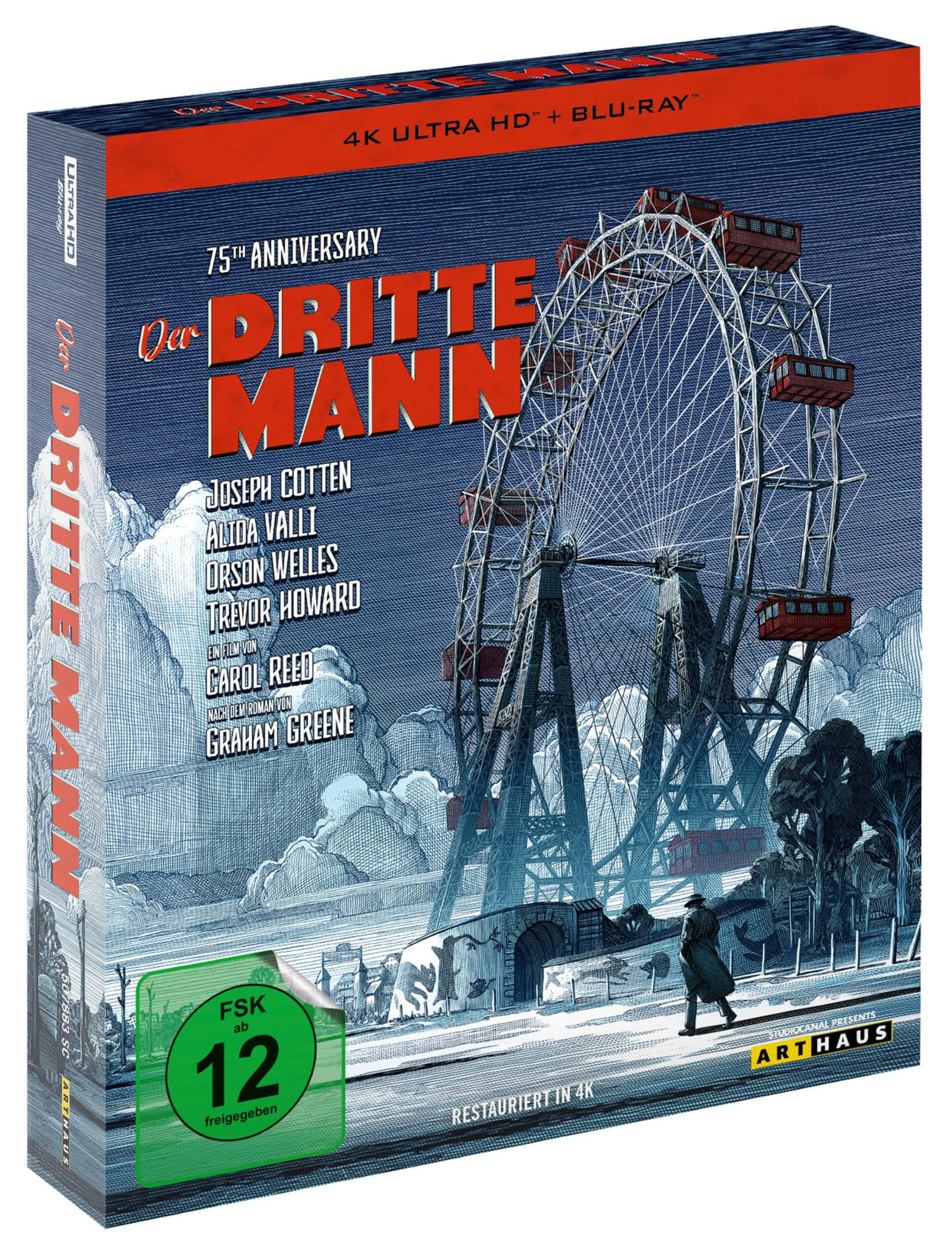 Blu-ray Hülle: "Der dritte Mann", 75. Jubiläum, mit Riesenrad und Mann im Mantel.