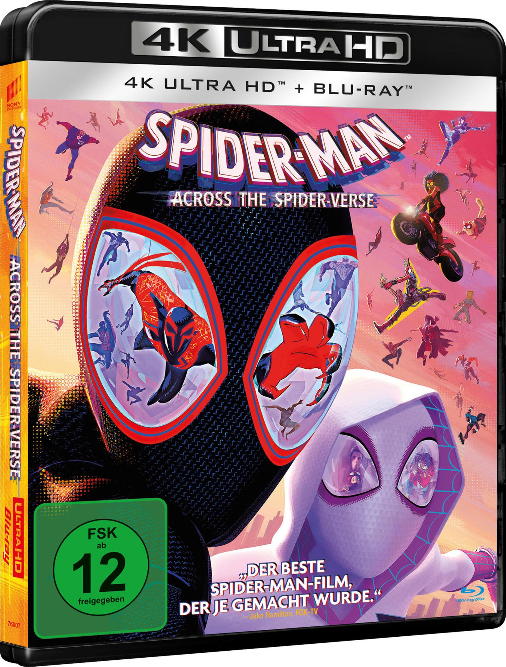 Spider-Man 2099 und Ghost-Spider im Kampf gegen Bösewichte. 4K UHD Blu-ray Cover.