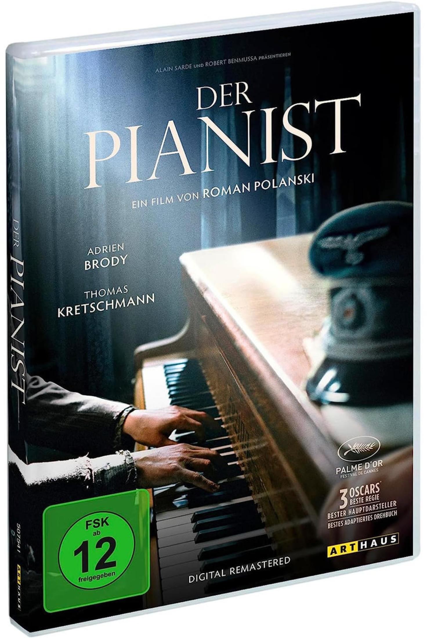 Copertina DVD Il Pianista: Mani sui tasti del pianoforte, cappello con svastica sullo sfondo.