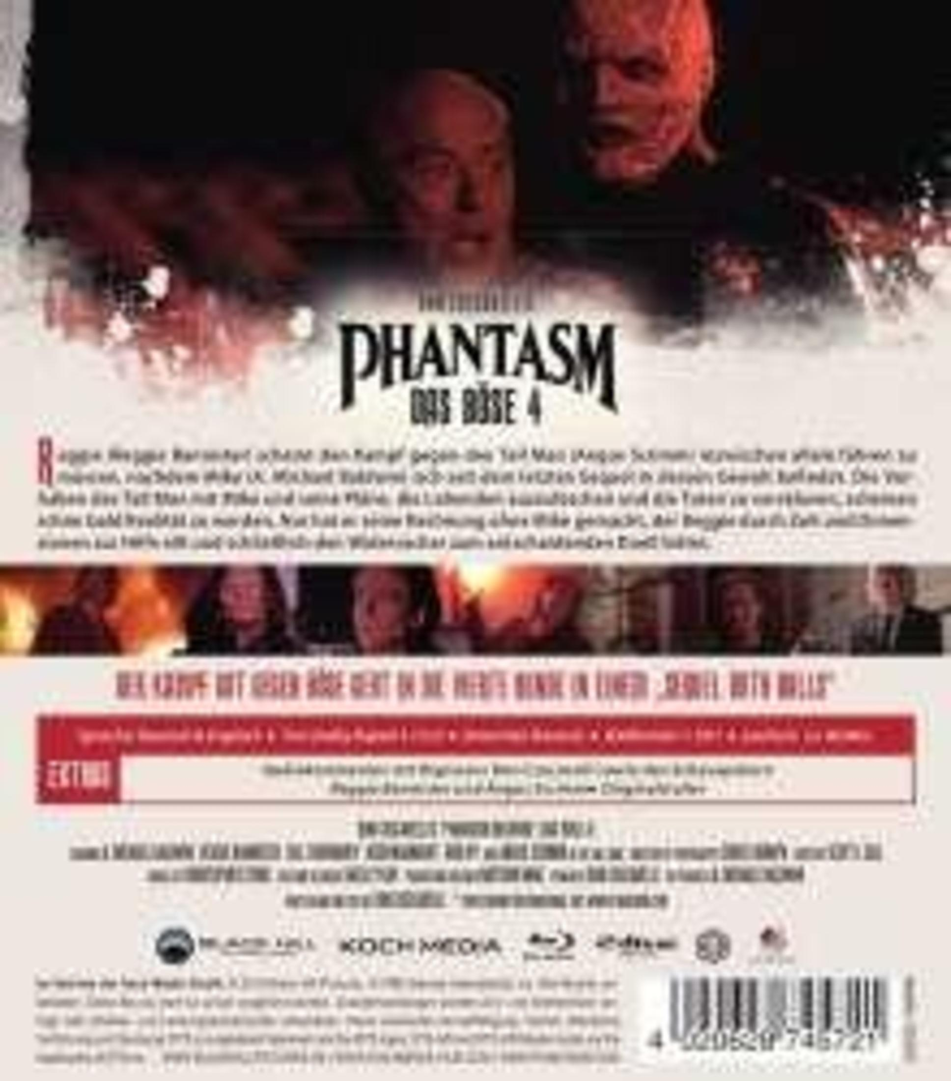 Retro della copertina del film 'Phantasm: Das Böse 4' con persone e testo.
