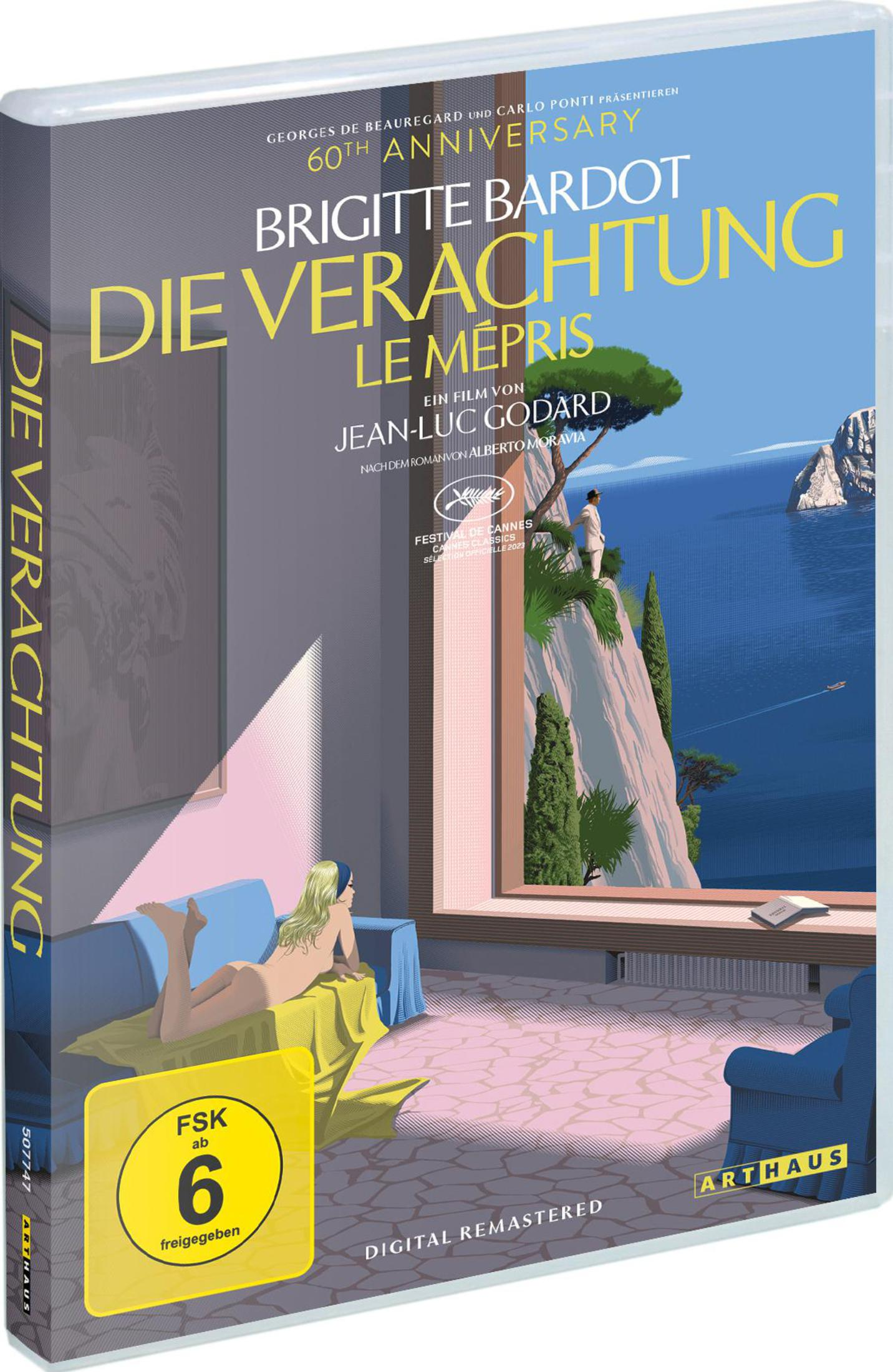 Copertina film con Brigitte Bardot su divano, vista mare. Titolo "Il disprezzo".