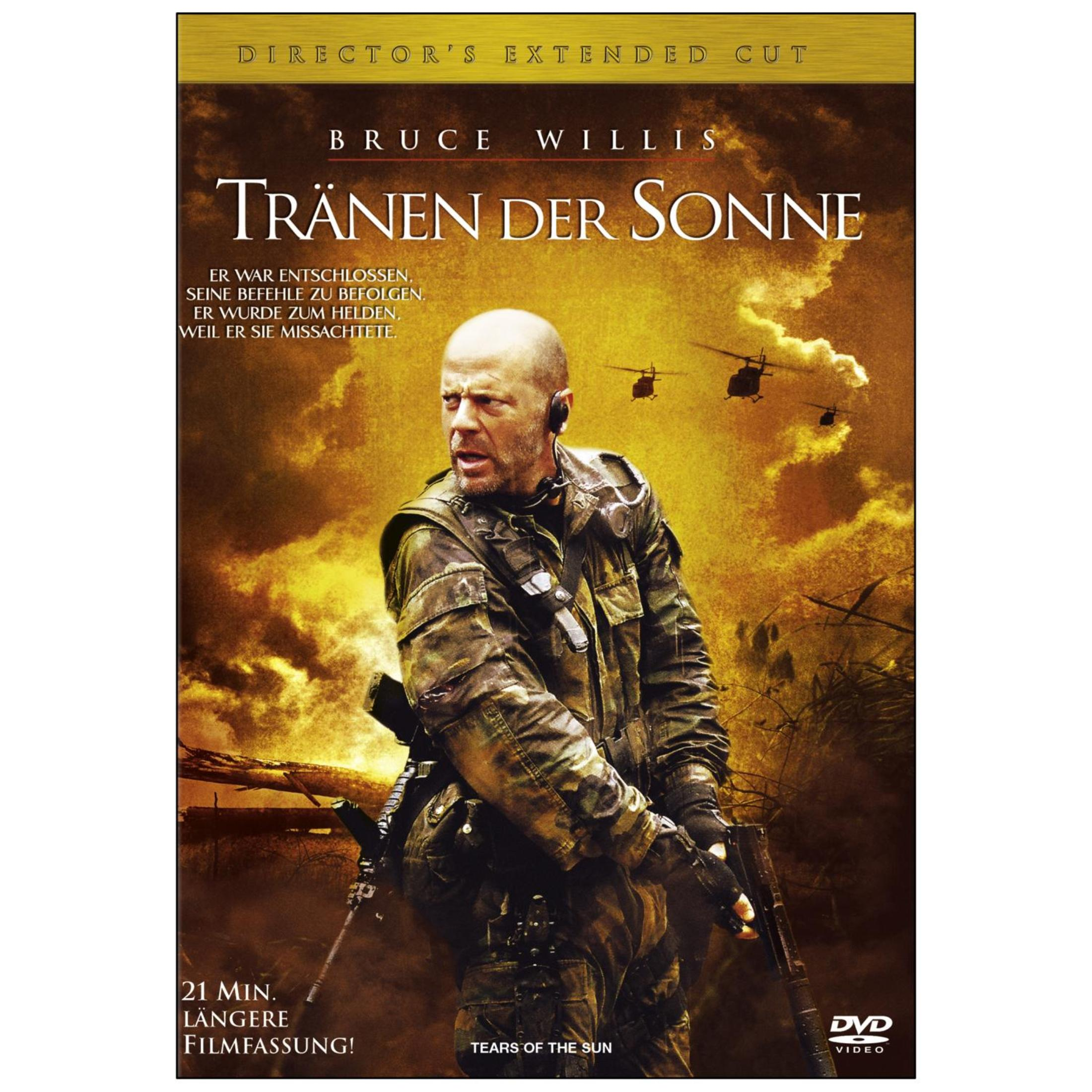 Bruce Willis in tenuta militare su uno sfondo di nuvole drammatiche con elicotteri.