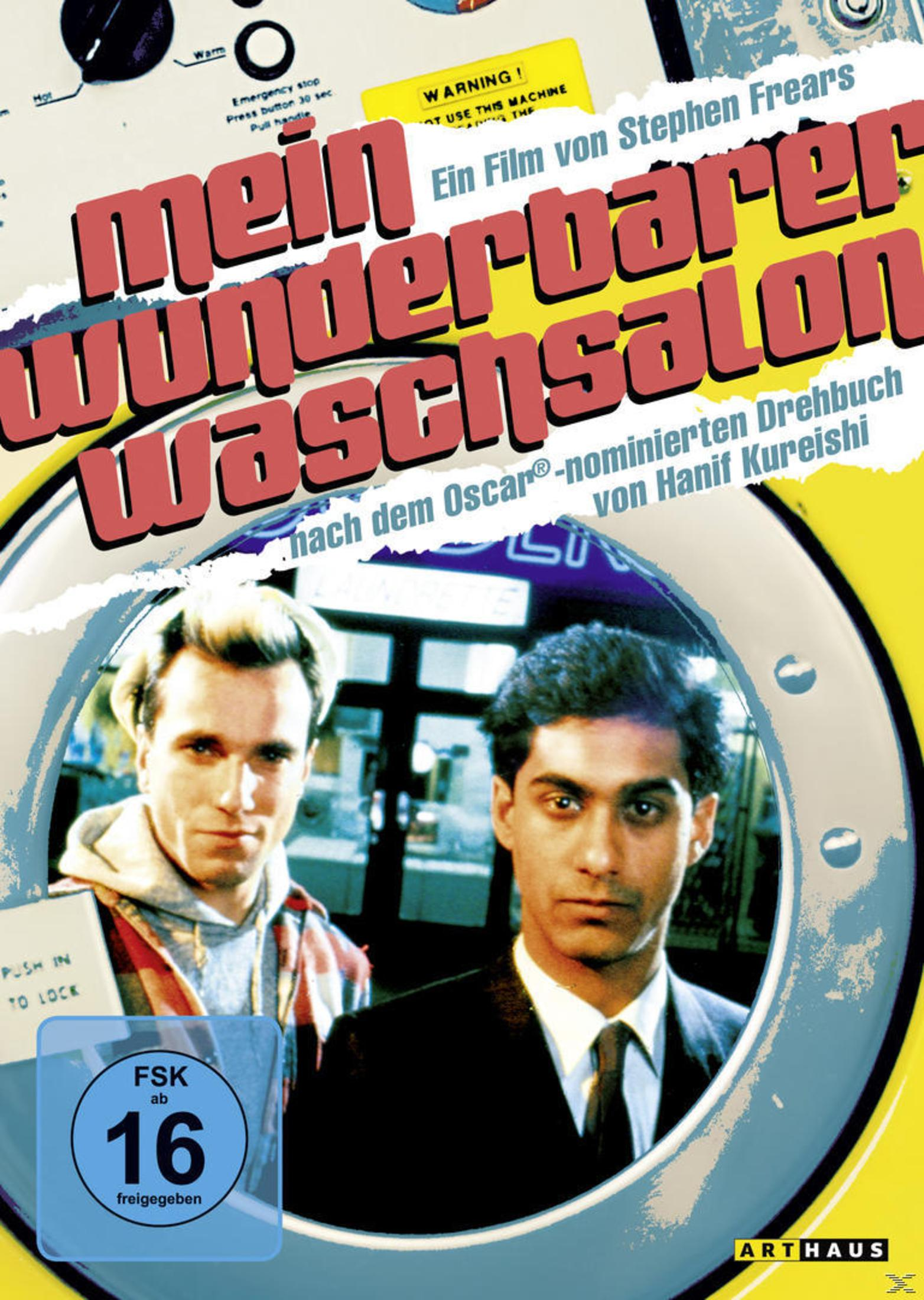 Due uomini davanti a una lavatrice con il titolo del film "My Beautiful Laundrette".