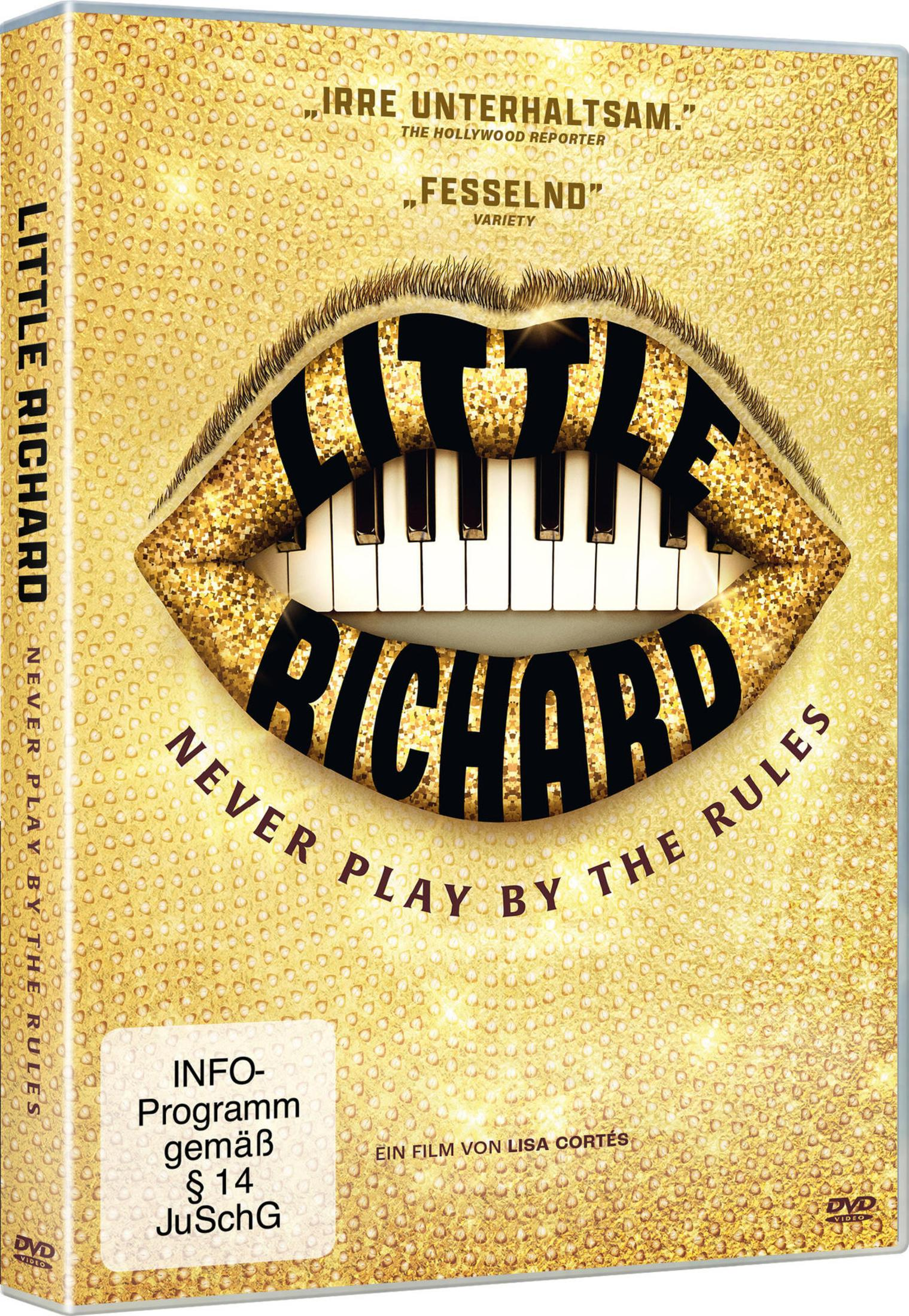 Copertina DVD: Little Richard. Labbra scintillanti su tasti di pianoforte, titolo. Motivo oro.
