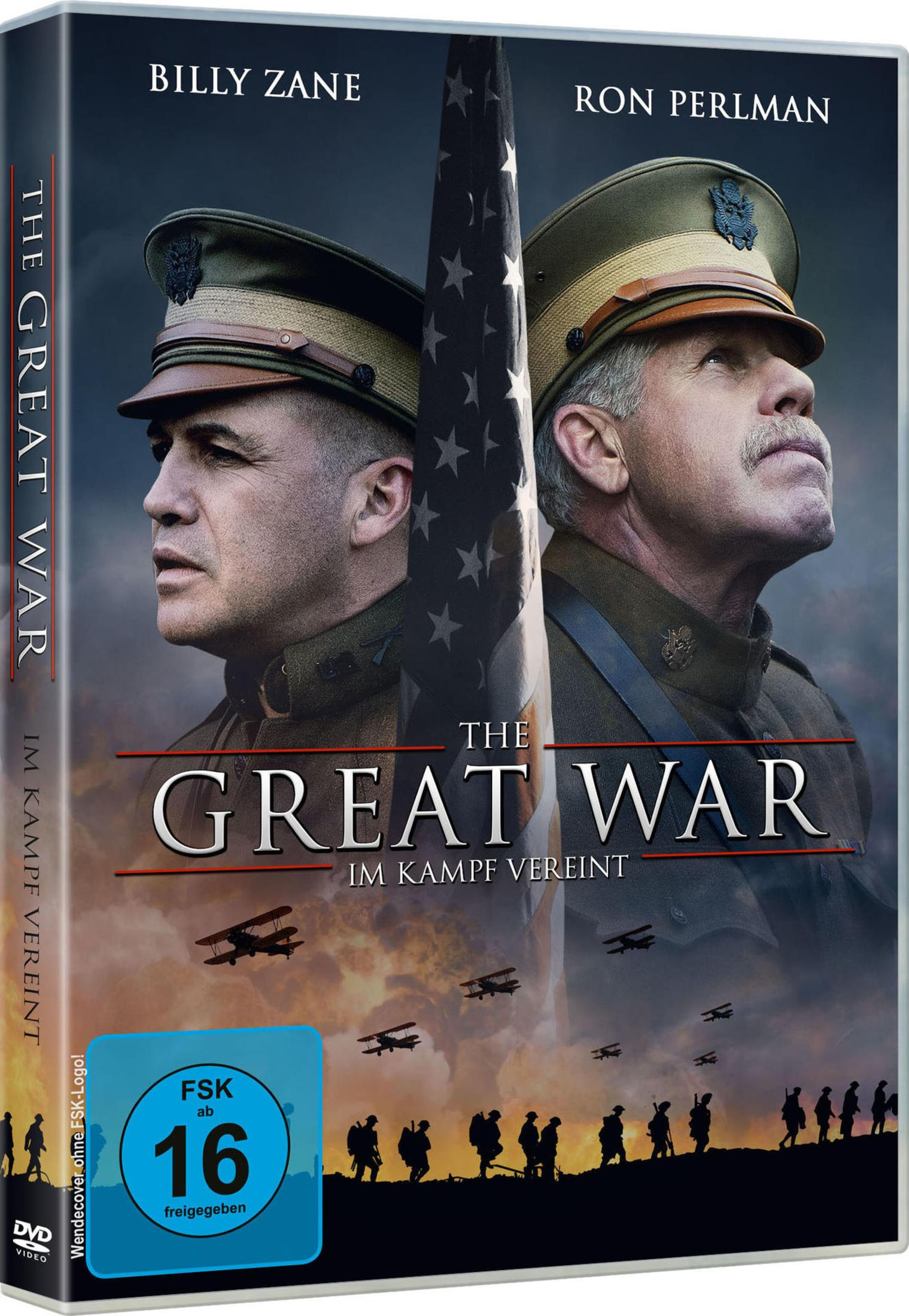 Copertina DVD: Due soldati, titolo "The Great War", aerei, soldati in marcia.