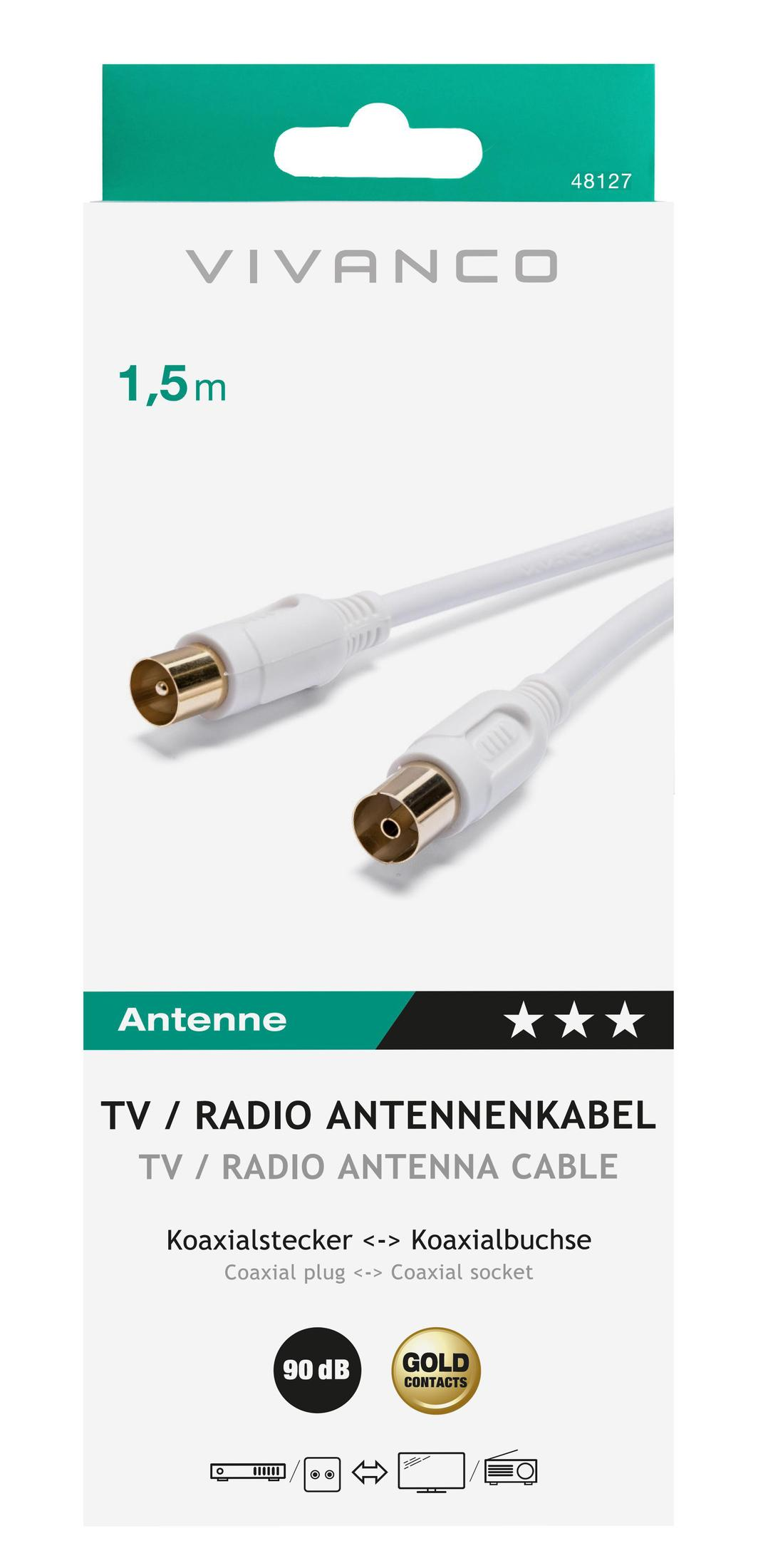 Biały kabel antenowy 1,5m z wtykami koncentrycznymi i złotymi stykami.