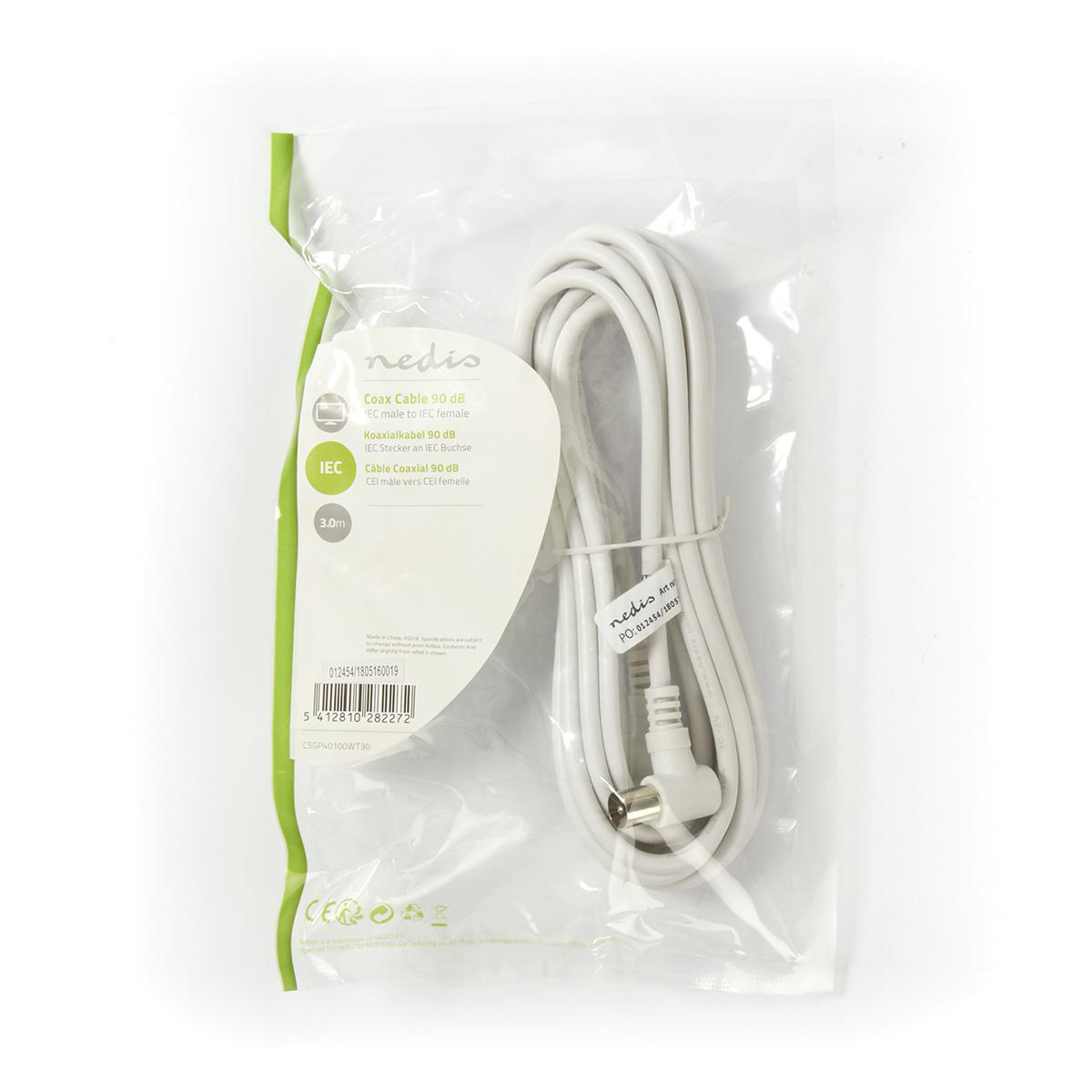 Cable coaxial Nedis blanco, 3m, con conectores IEC macho y hembra.