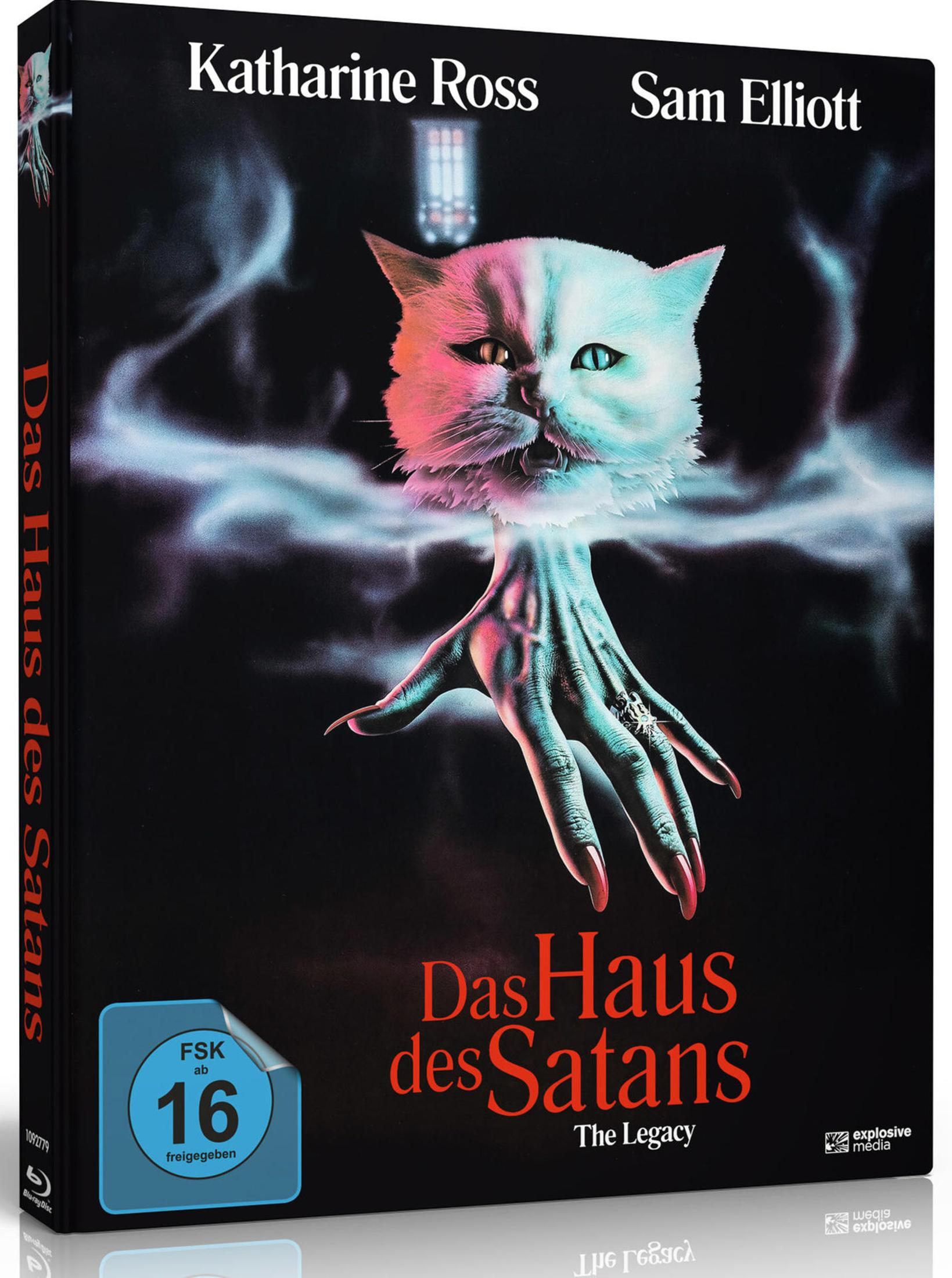 Copertina del film con gatto, mano e titolo "Das Haus des Satans".