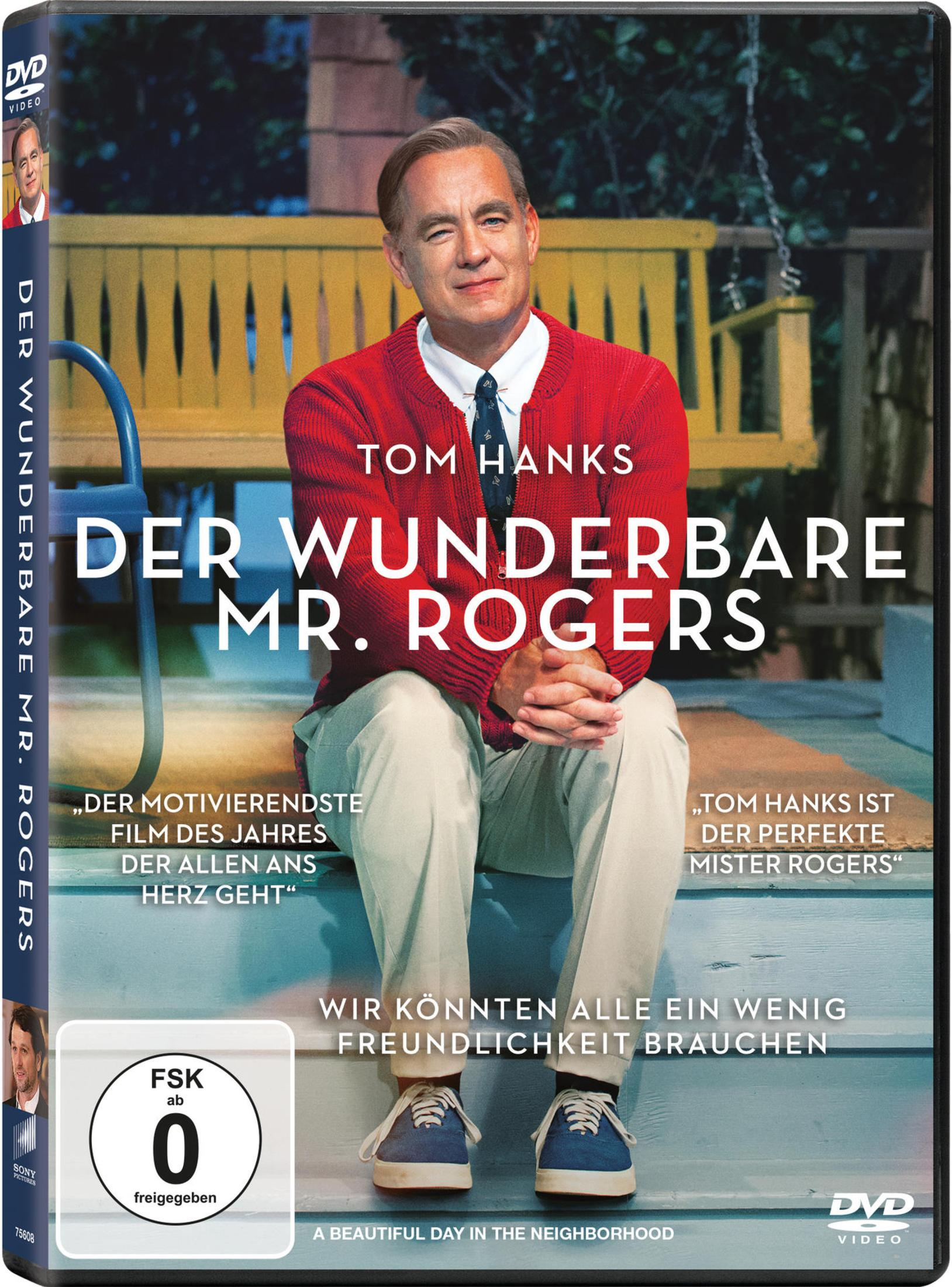 Tom Hanks nei panni di Mr. Rogers su un dondolo giallo. Copertina DVD.