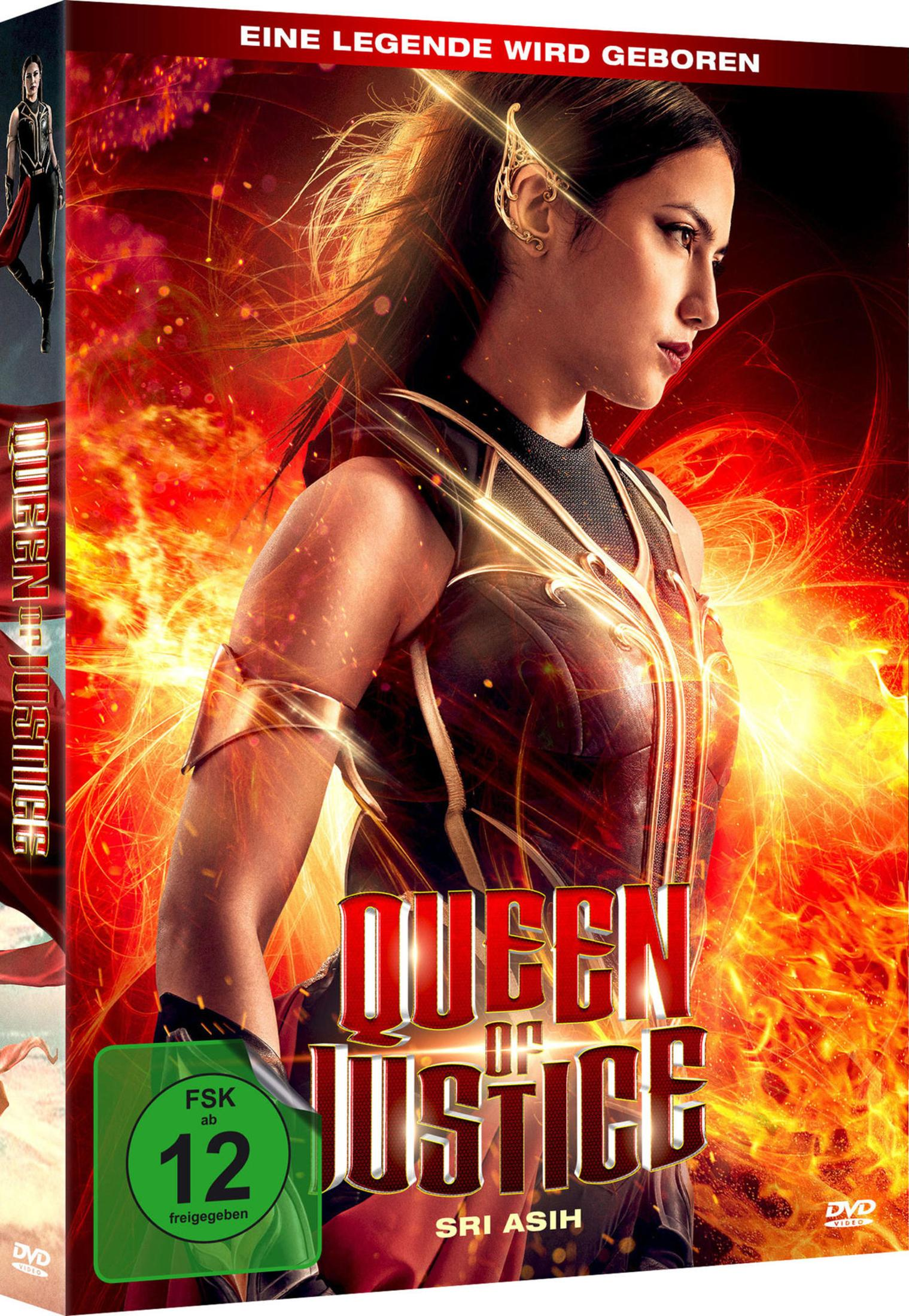 Una donna in armatura su sfondo infuocato. Titolo "Queen of Justice".