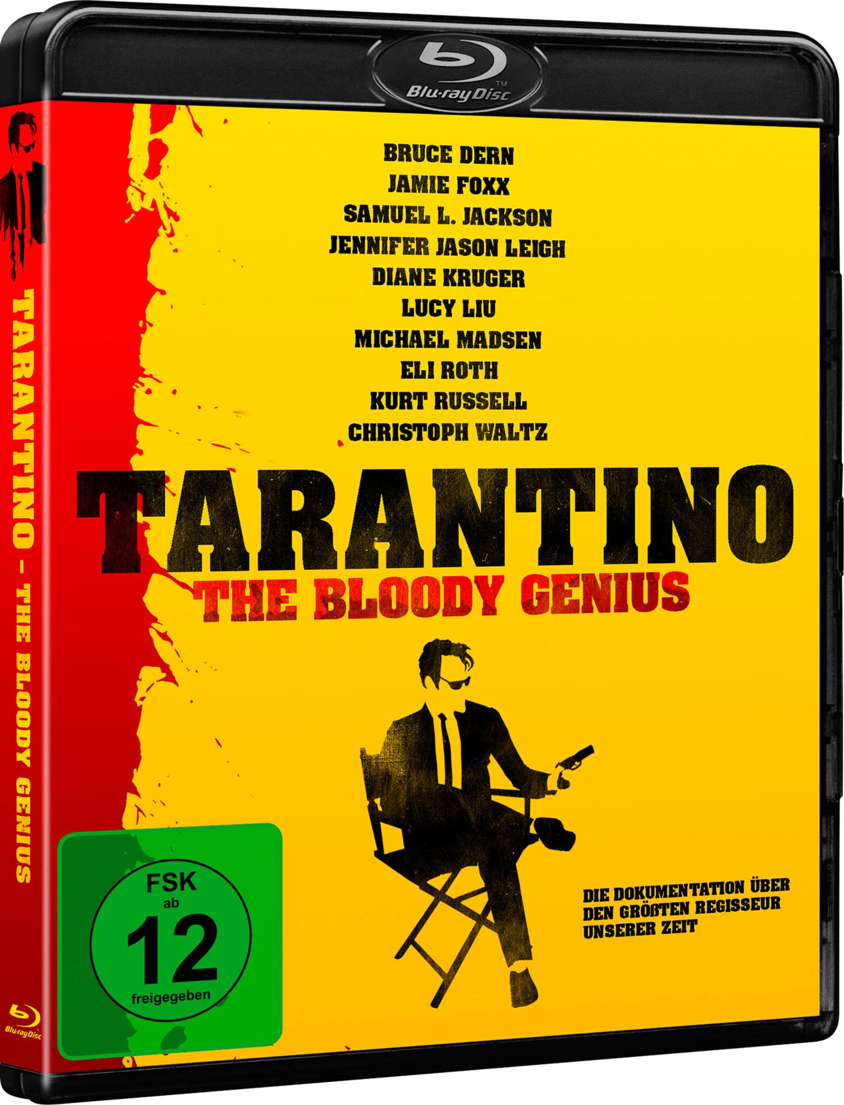 Copertina Blu-ray: "The Bloody Genius" di Tarantino con cast e silhouette regista.