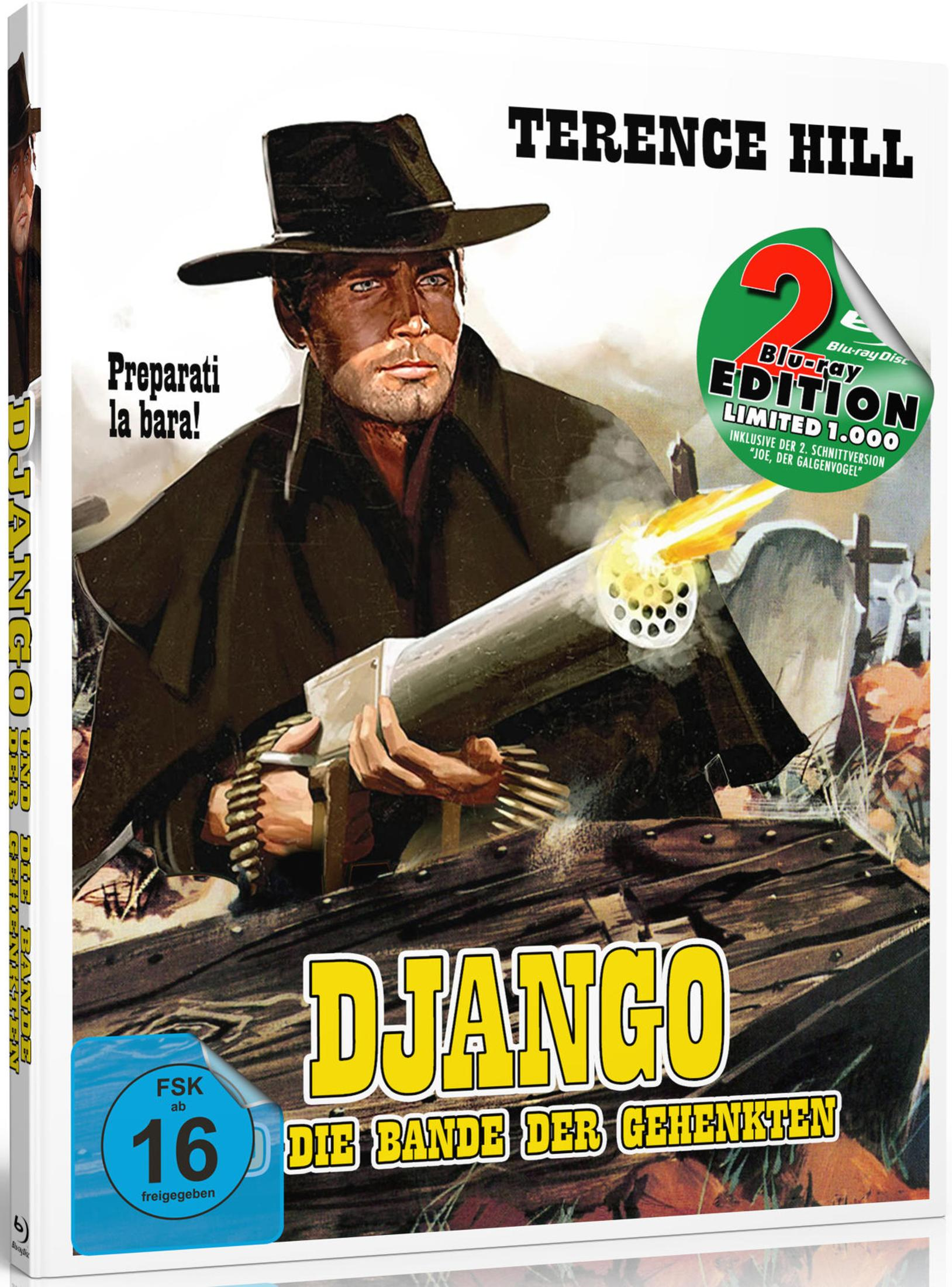 Un uomo con cappello spara con una Gatling gun. Copertina Blu-ray "Django".