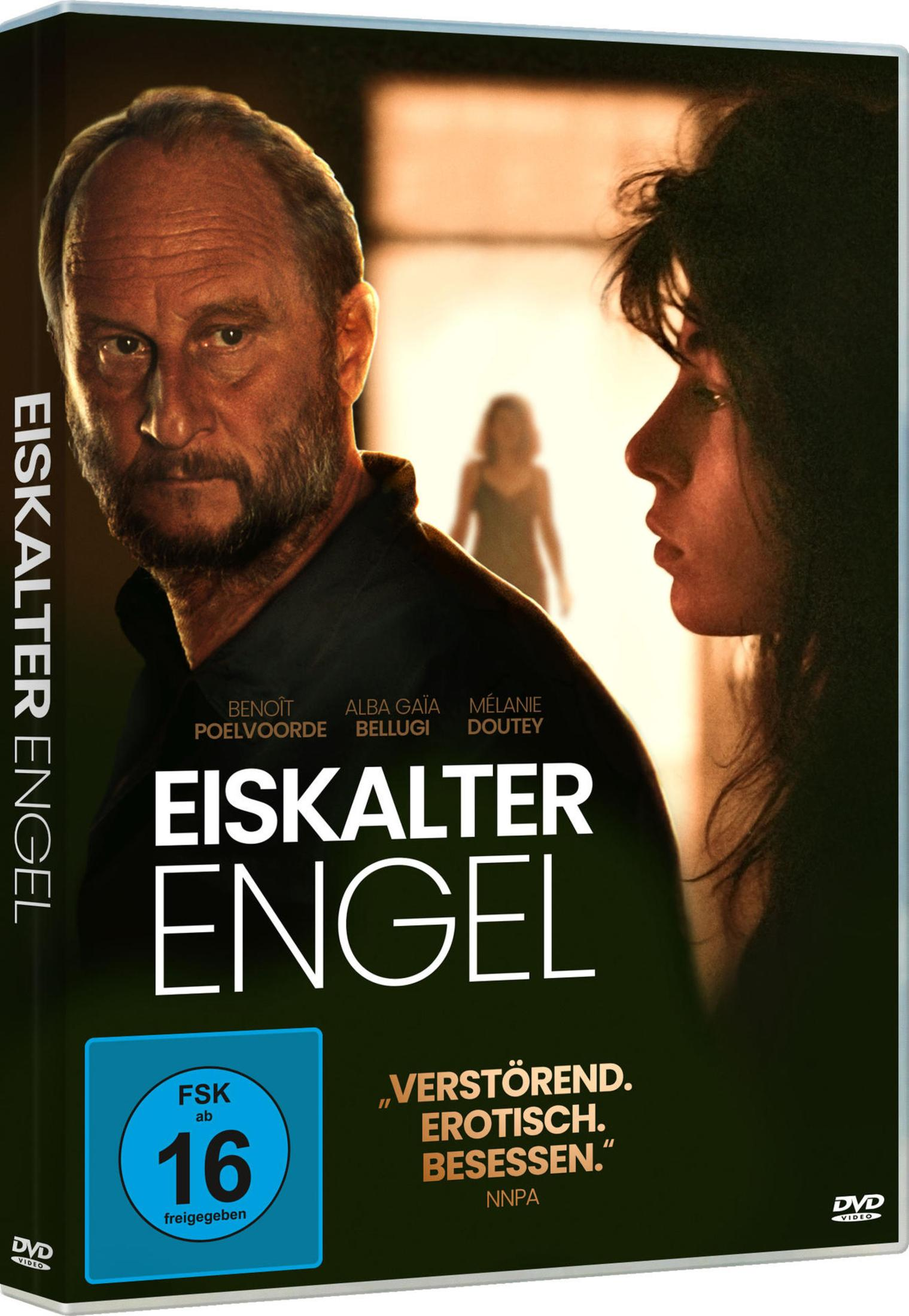 Poster del film: Primo piano del volto di un uomo, profilo di una donna. Titolo: Eiskalter Engel.