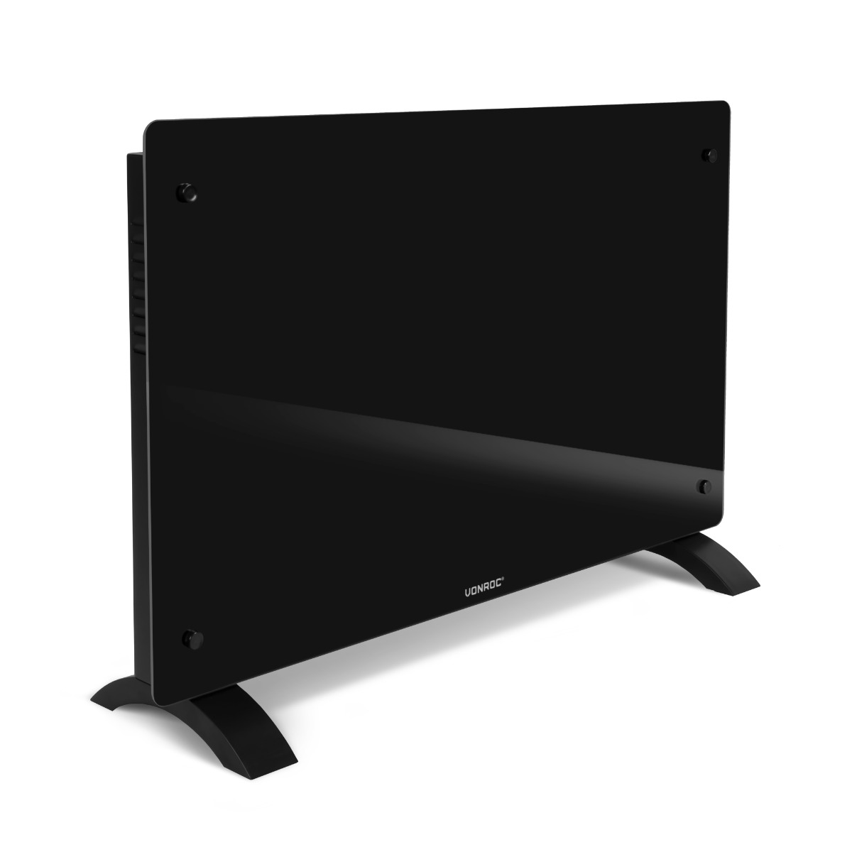 Black glass heater on two curved legs, freestanding on a white background.