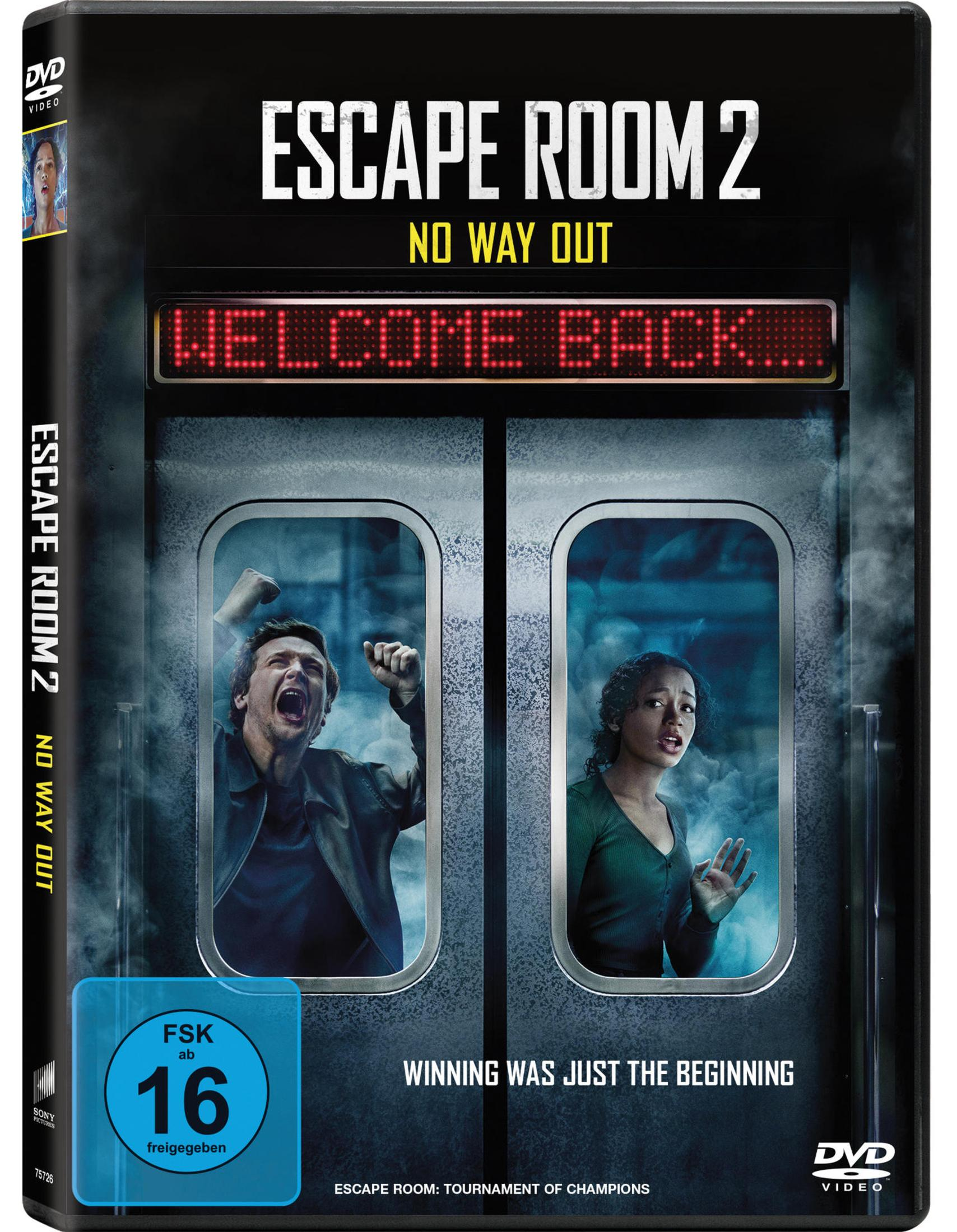 Copertina DVD Escape Room 2. Uomo urla, donna spaventata. "WELCOME BACK".