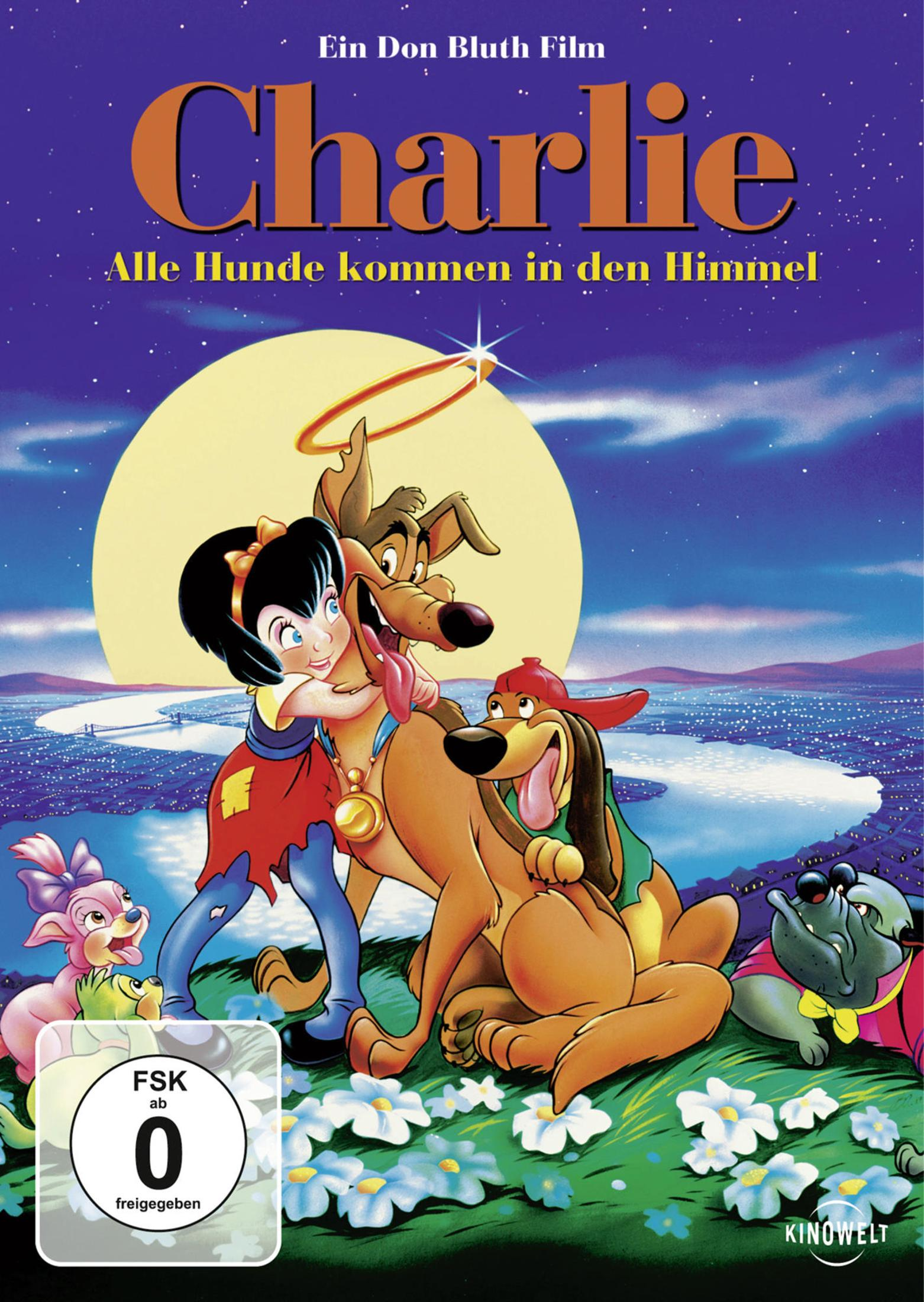 Eine Zeichentrickszene mit Hunden und einem Mädchen vor einem Nachthimmel.