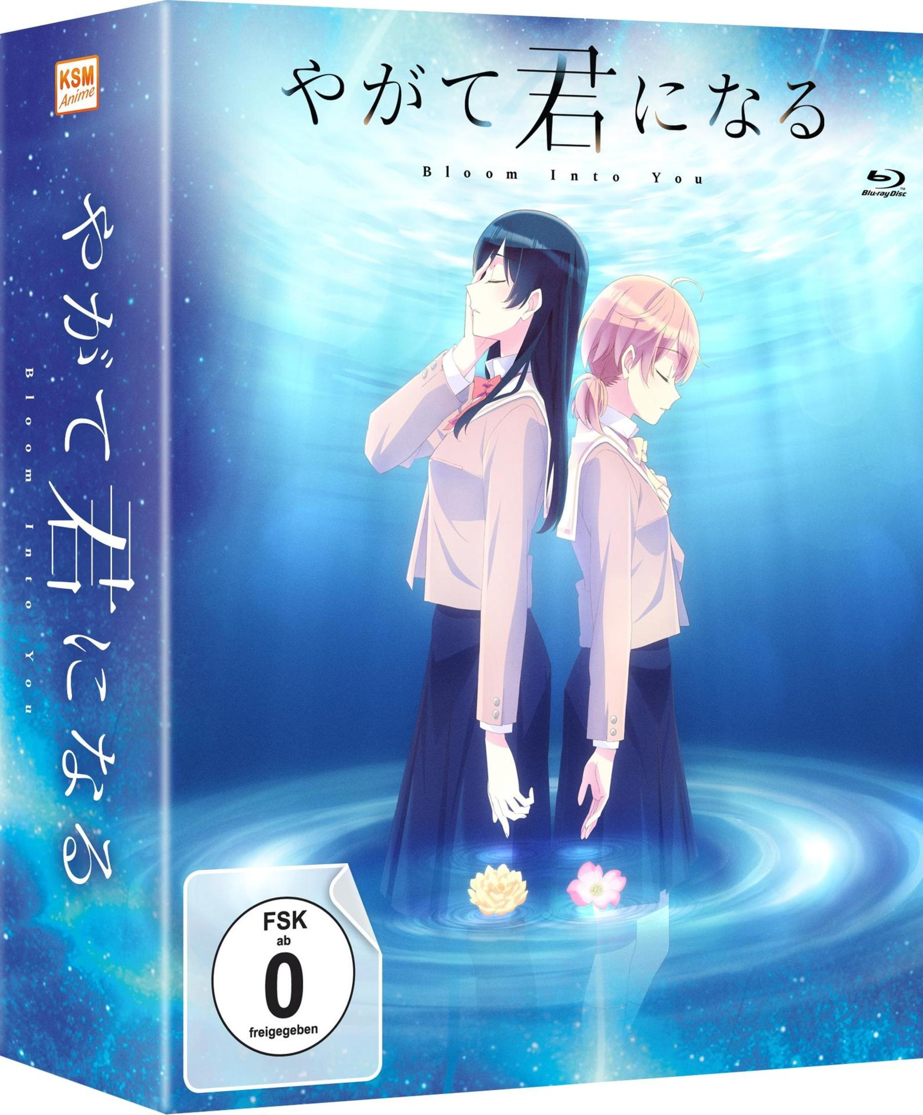 Due studentesse anime in uniforme, in acqua blu con fiori galleggianti.