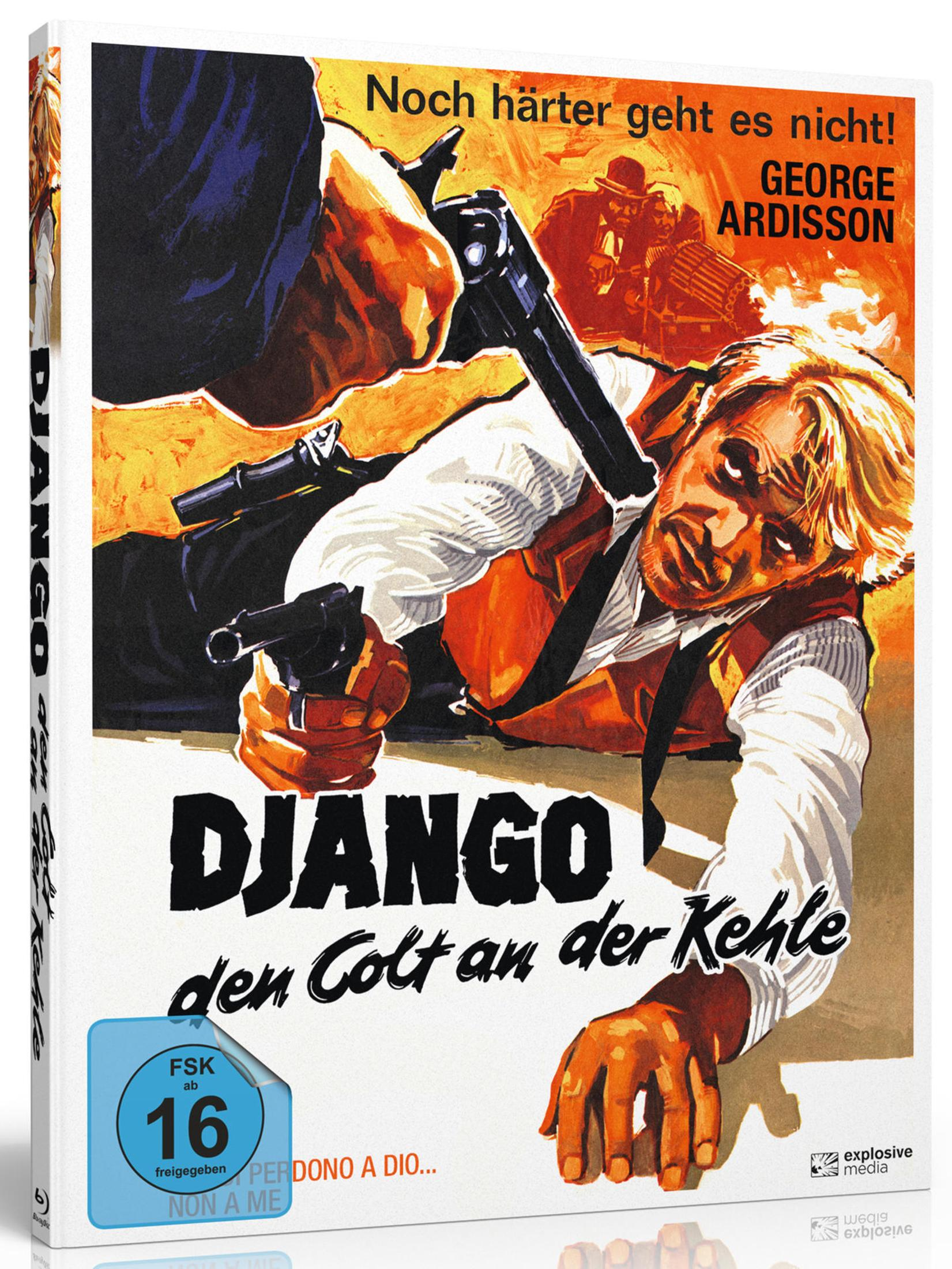 Un uomo dai capelli biondi tiene una pistola, un poster di un film western.