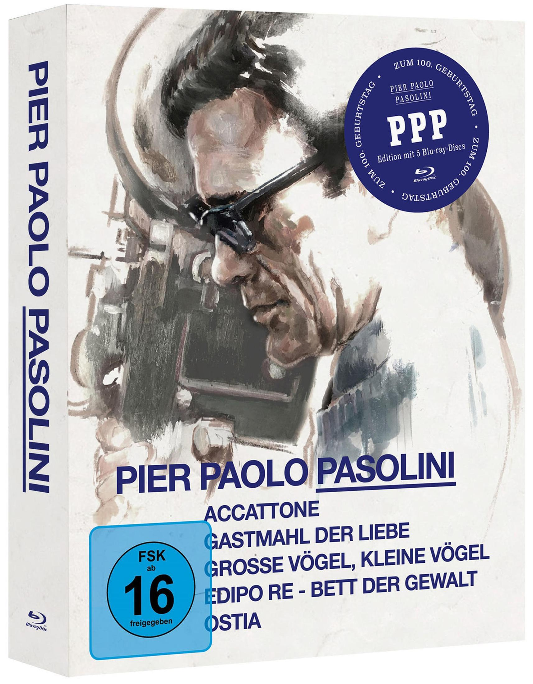Box Blu-ray con ritratto di Pier Paolo Pasolini, titoli film e bollino FSK.