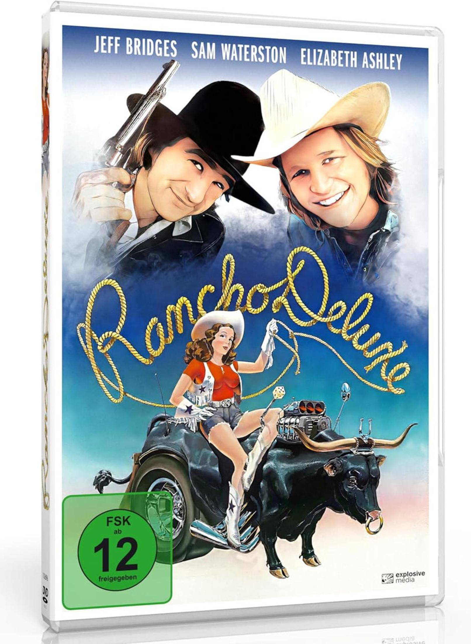 Poster del film: Uomini con cappelli, donna su un toro, titolo "Rancho Deluxe".