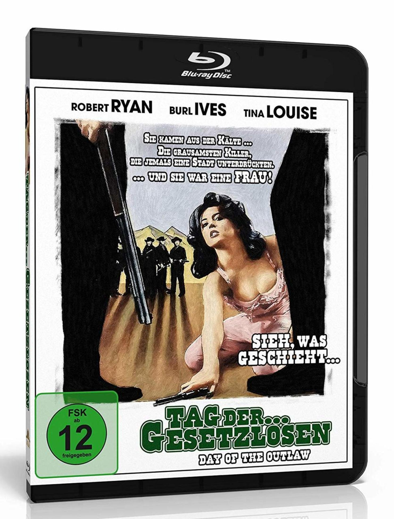 Blu-ray Cover: Frau in rosa Kleid, Männer mit Waffen, Western-Szene.