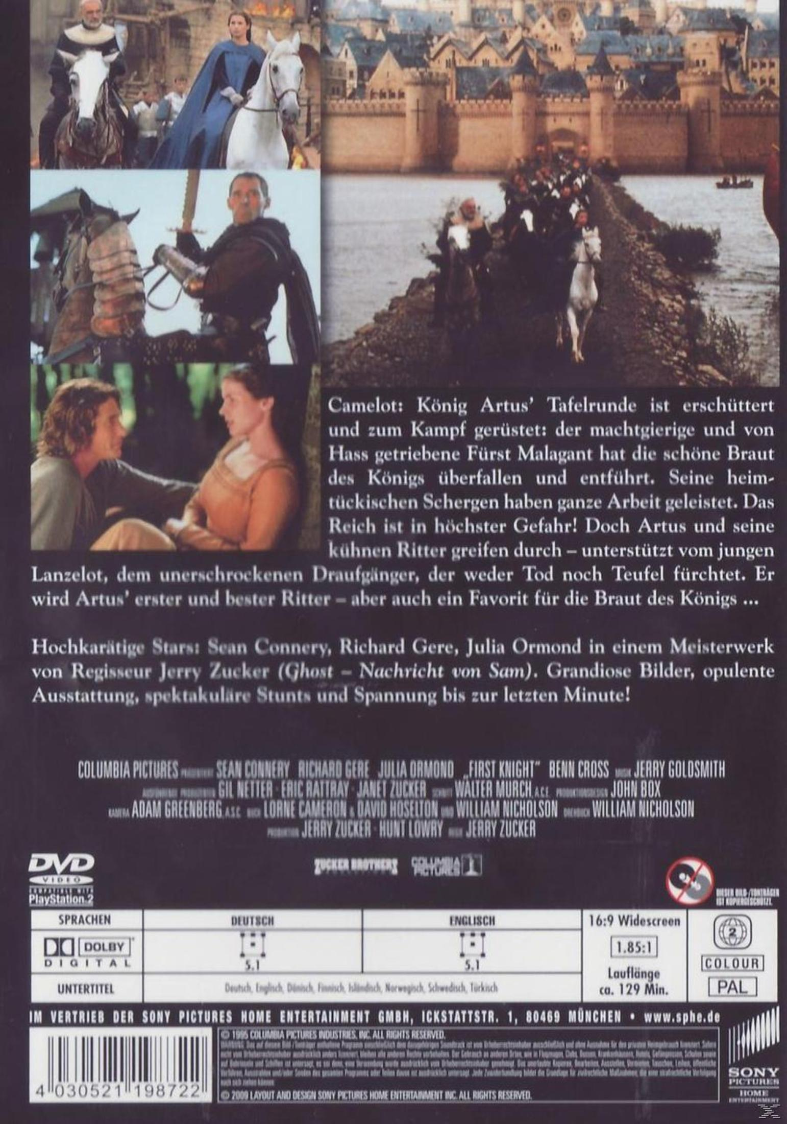 Copertina DVD con scene del film: Cavalieri a cavallo, castello, testo.