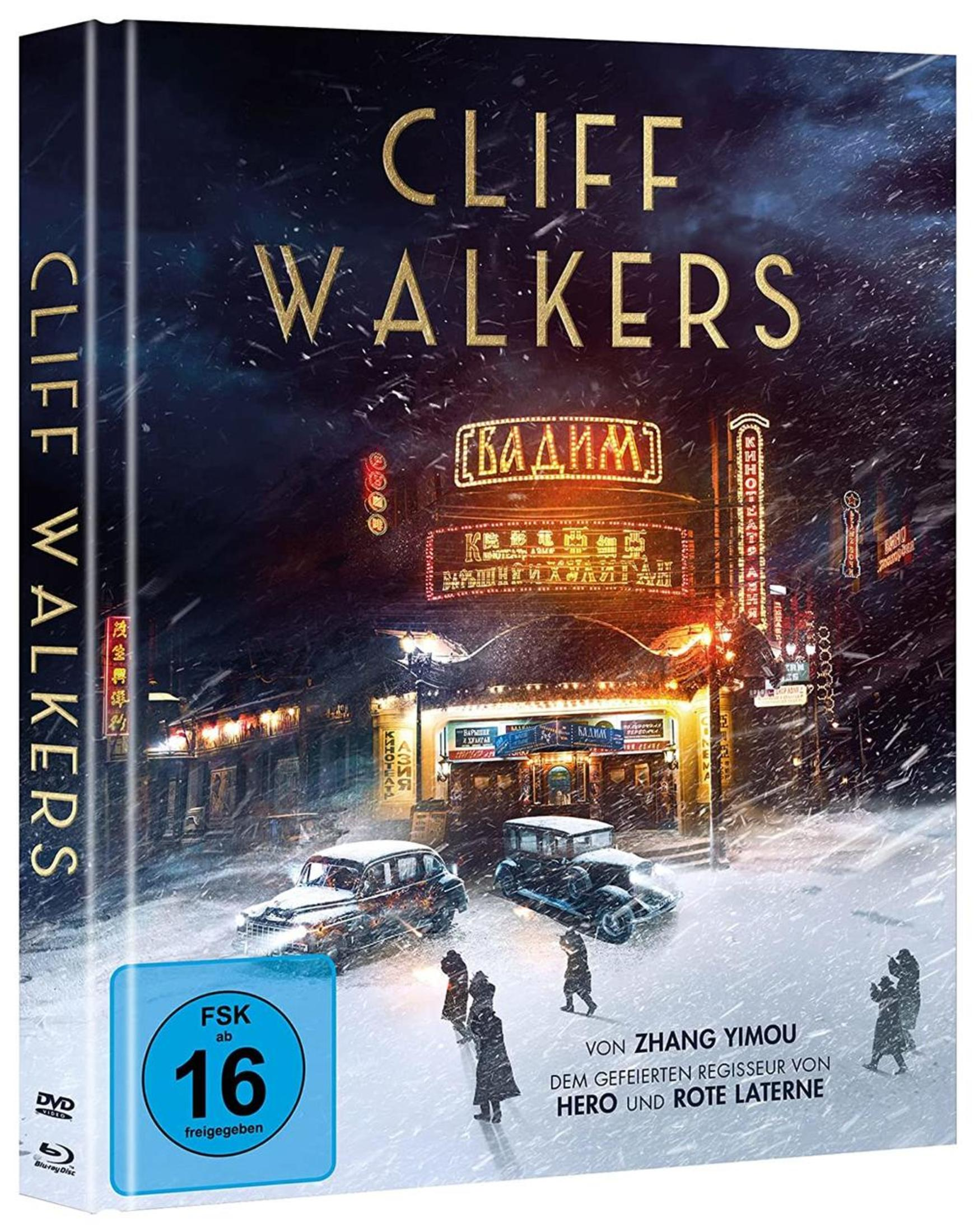 Copertina film con neve, auto e luci. Titolo "Cliff Walkers" in alto.
