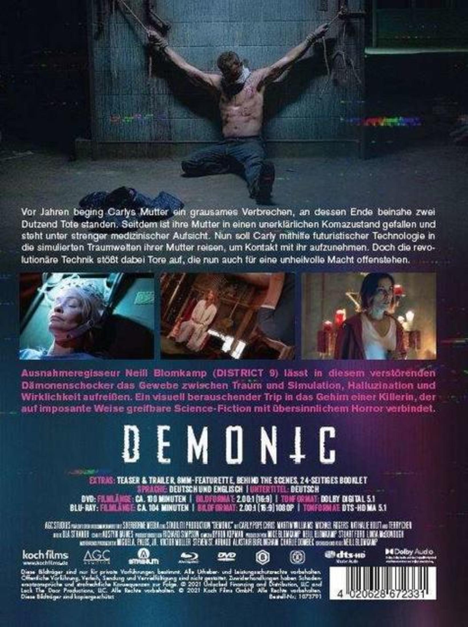Un uomo legato, una donna preoccupata. Titolo horror 'Demonic'.