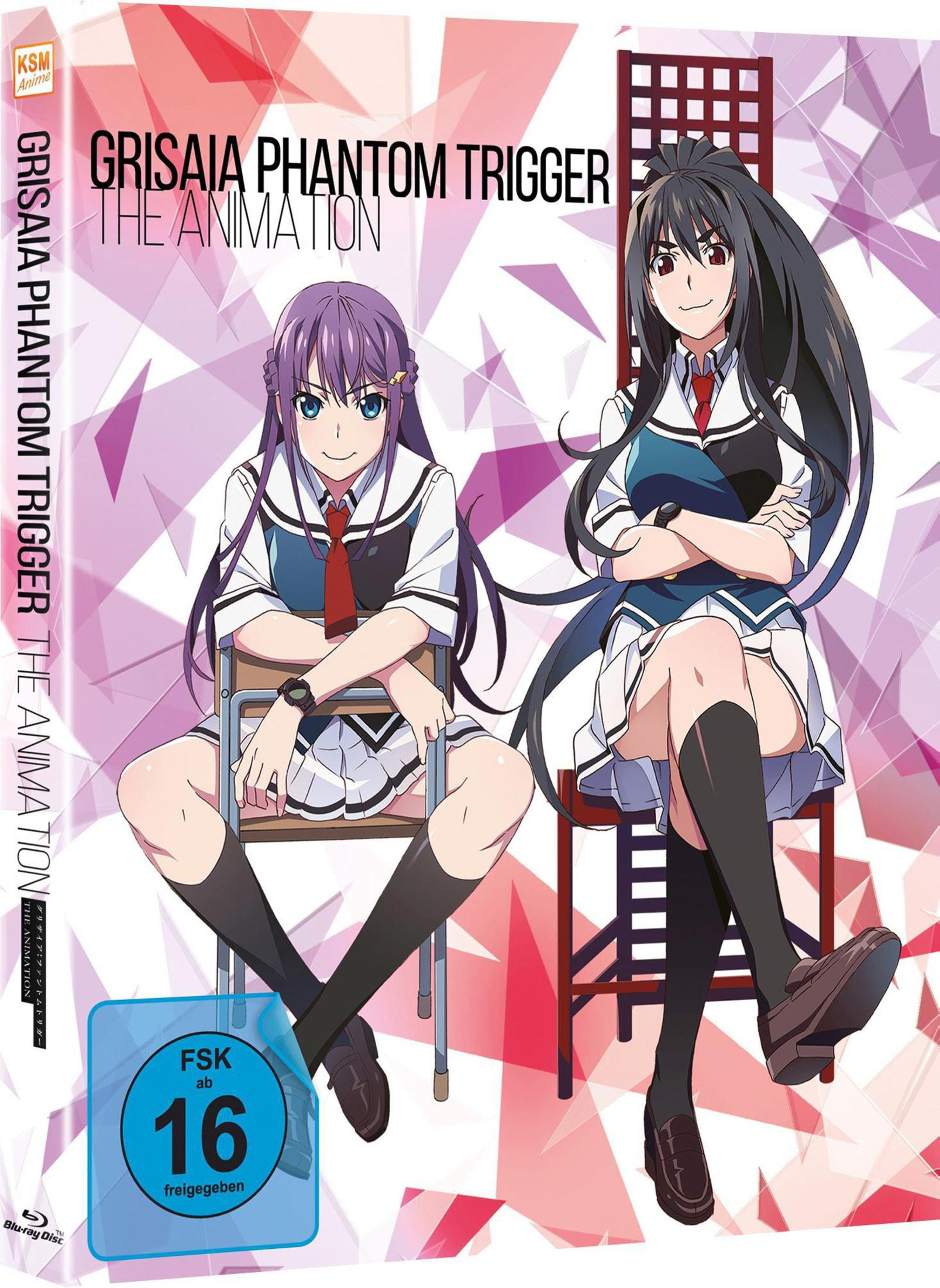 Due ragazze anime in uniforme scolastica siedono su sedie. Titolo: Grisaia Phantom Trigger.