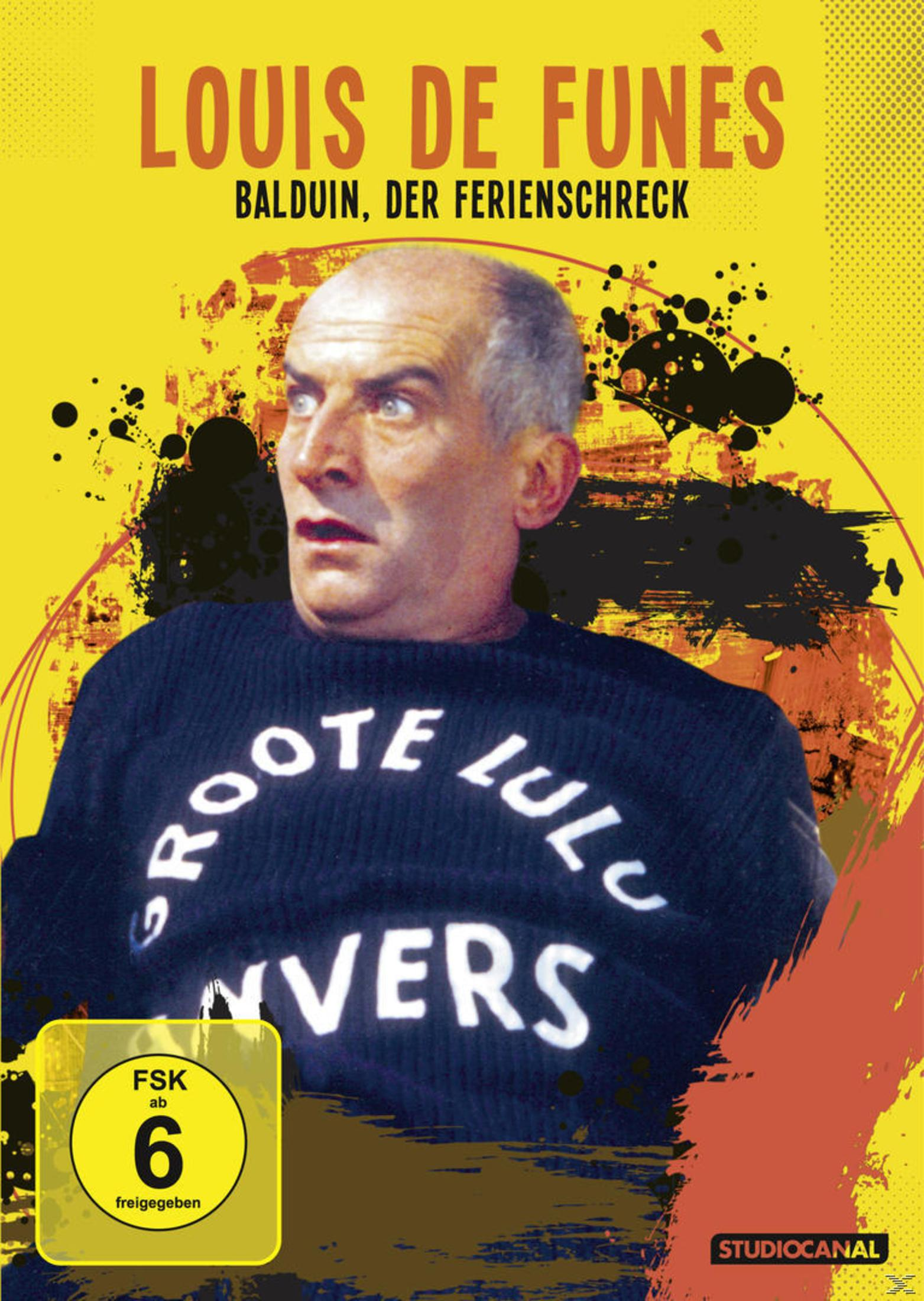 Louis de Funès su sfondo giallo, indossa un maglione con scritta.