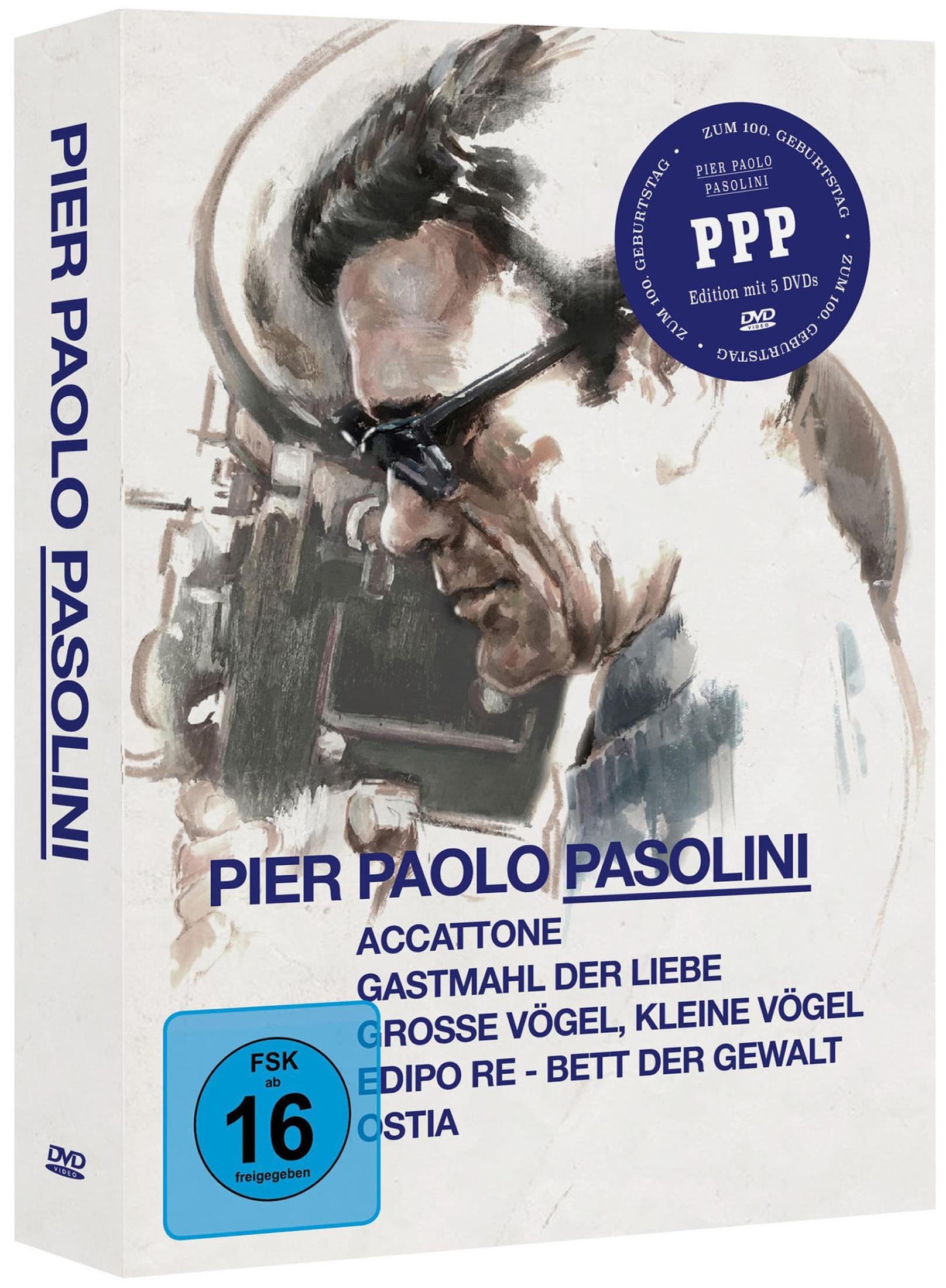 Box DVD Pier Paolo Pasolini con ritratto e titoli di film, FSK 16.