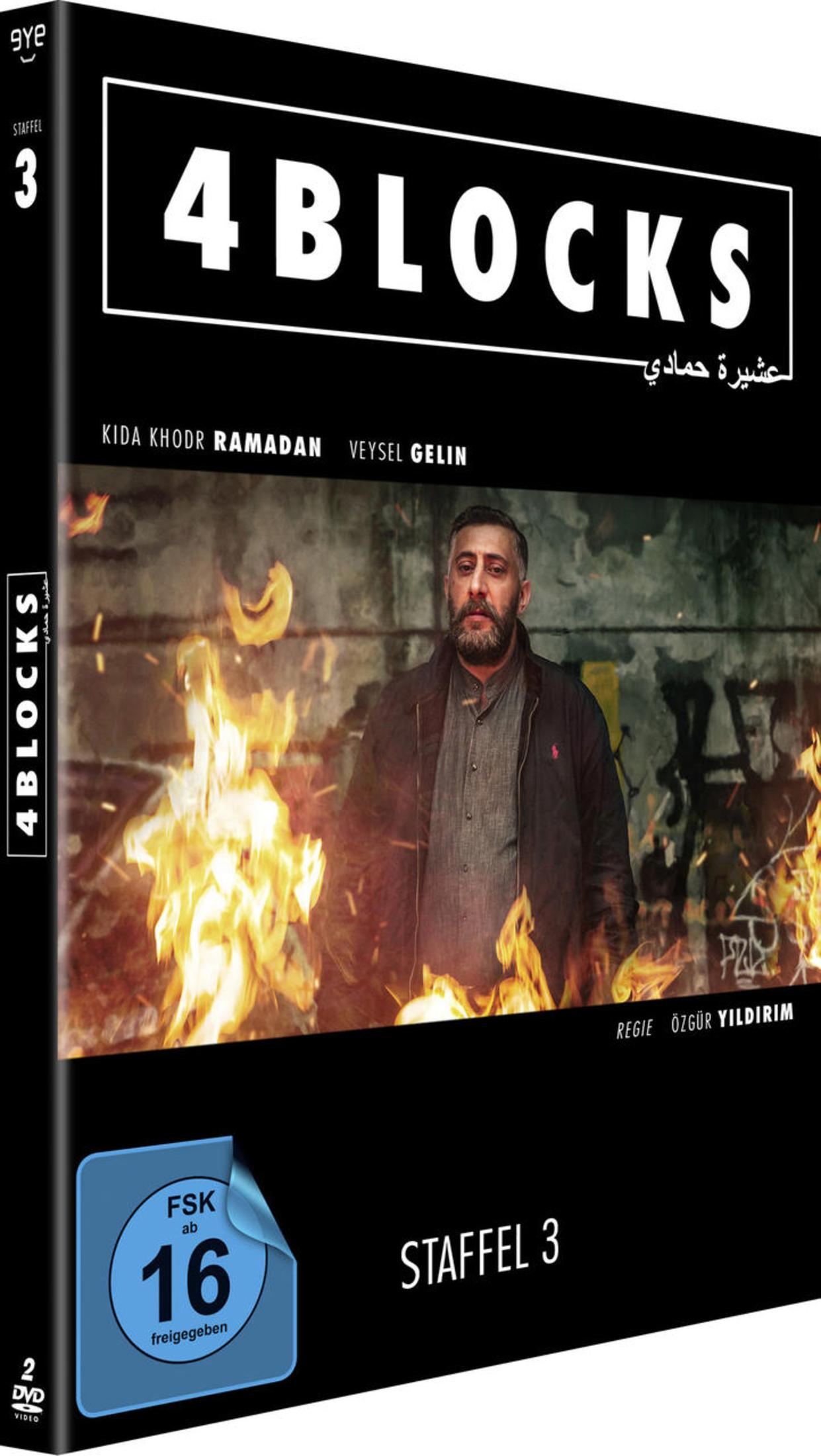 Un uomo davanti alle fiamme, con "4 Blocks" e "Staffel 3" stampati.