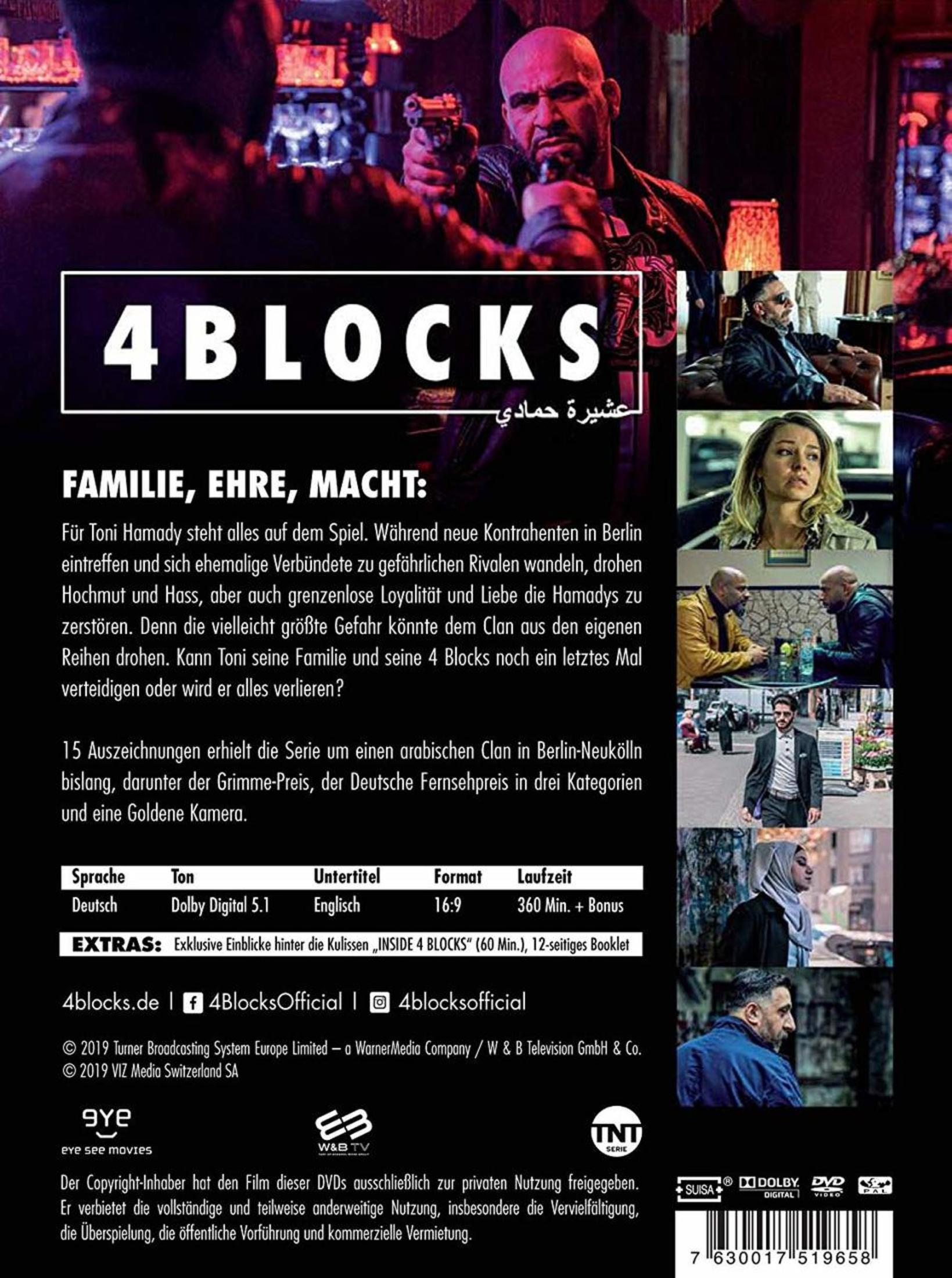 Copertina DVD 4 Blocks con uomo che tiene una pistola; testo: Famiglia, Onore, Potere.