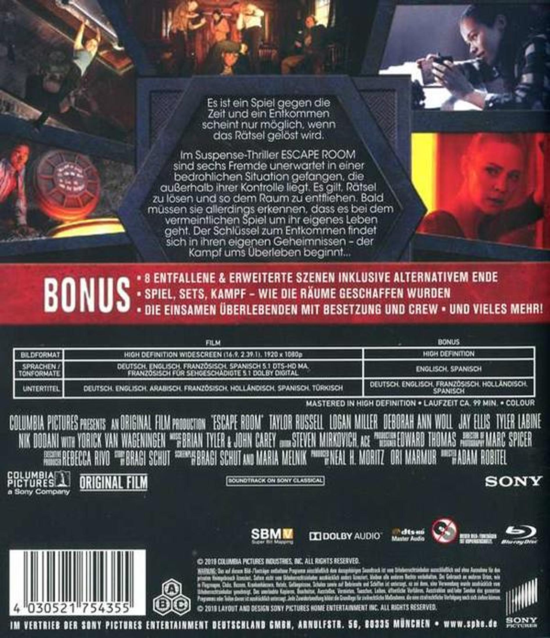 Retro copertina Blu-ray: film "Escape Room" con dettagli testuali e info bonus.