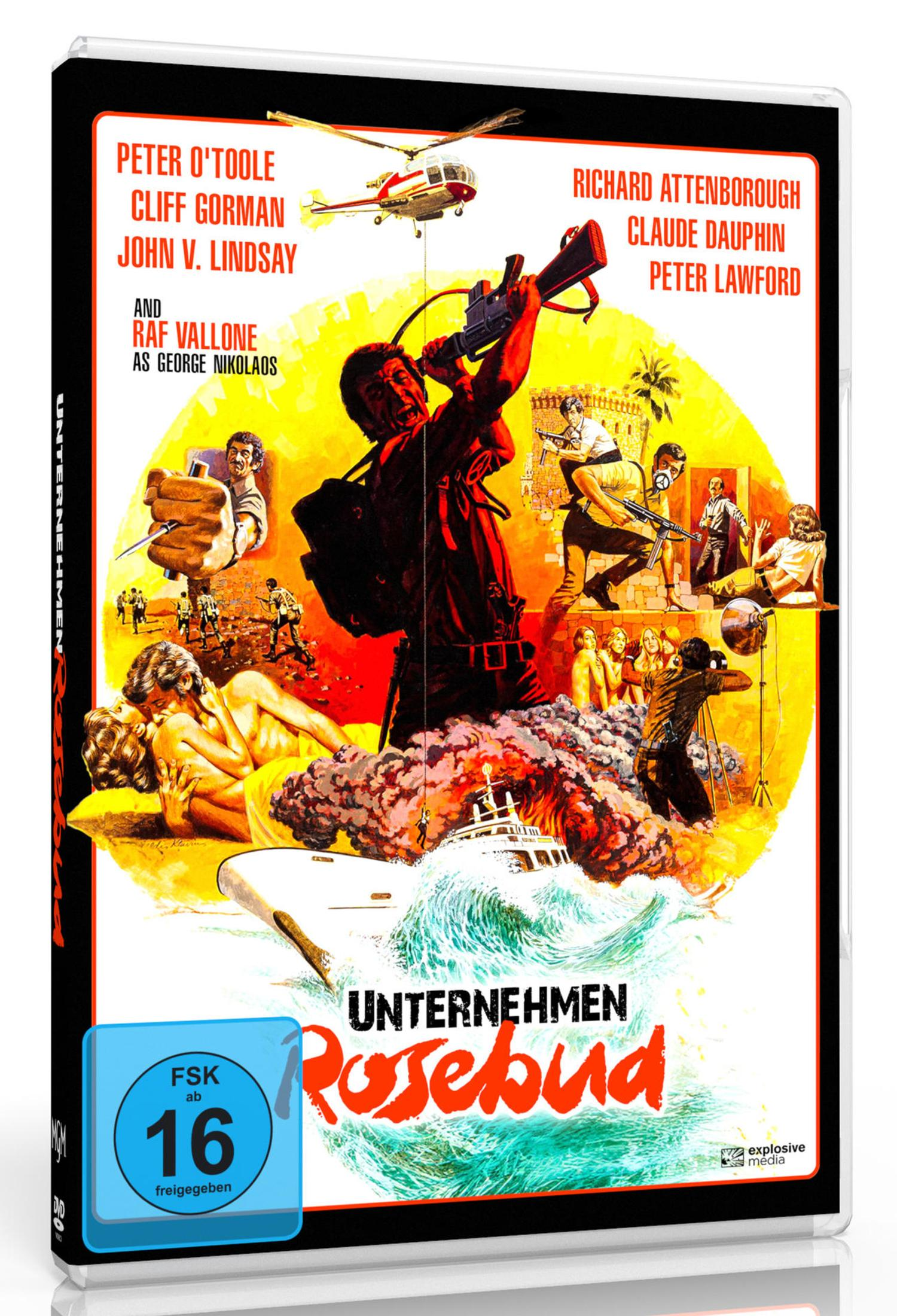 Poster del film con esplosioni, scena d'amore, soldati ed elicottero. Titolo: Unternehmen Rosebud.