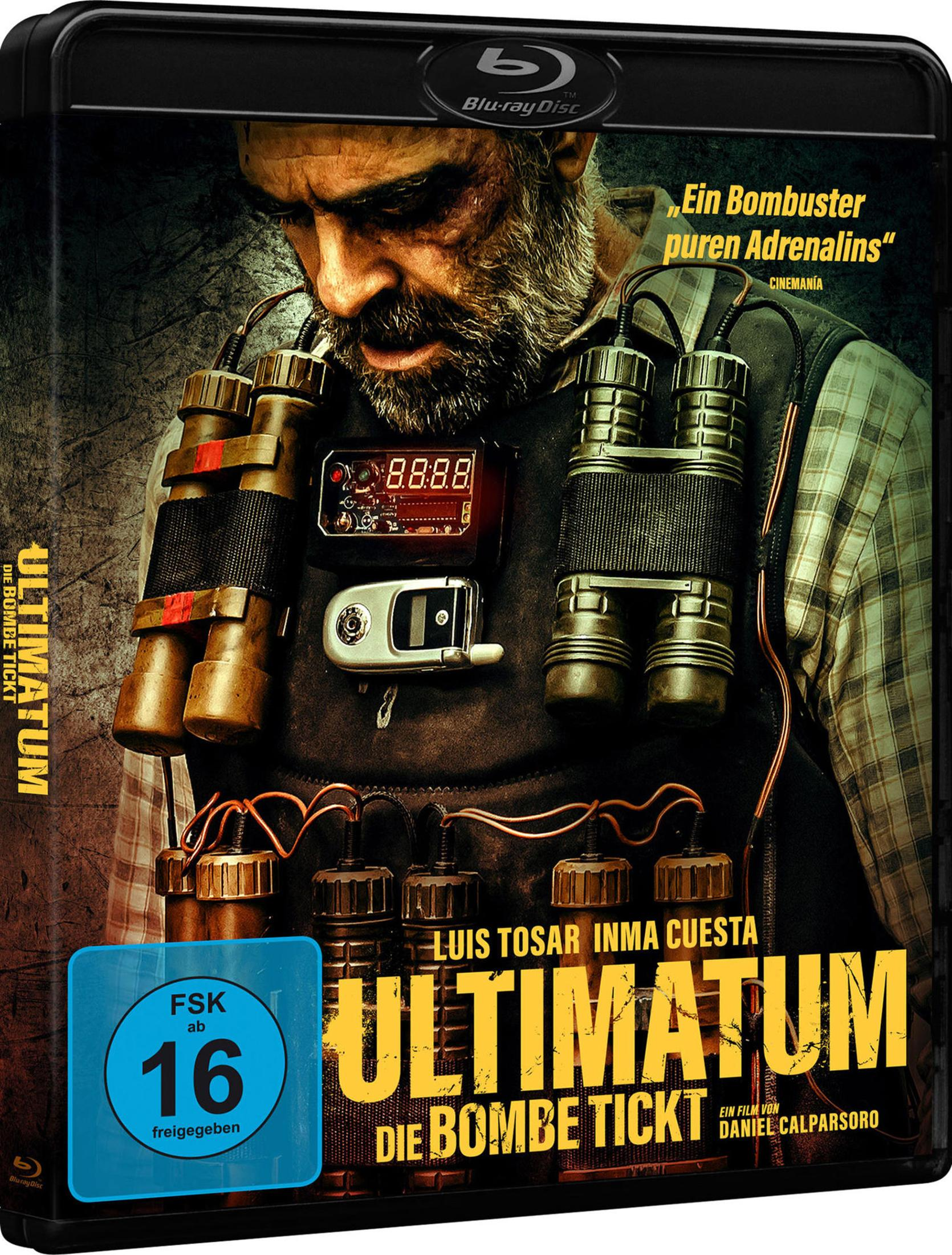 Uomo con giubbotto esplosivo e binocolo, custodia Blu-ray.