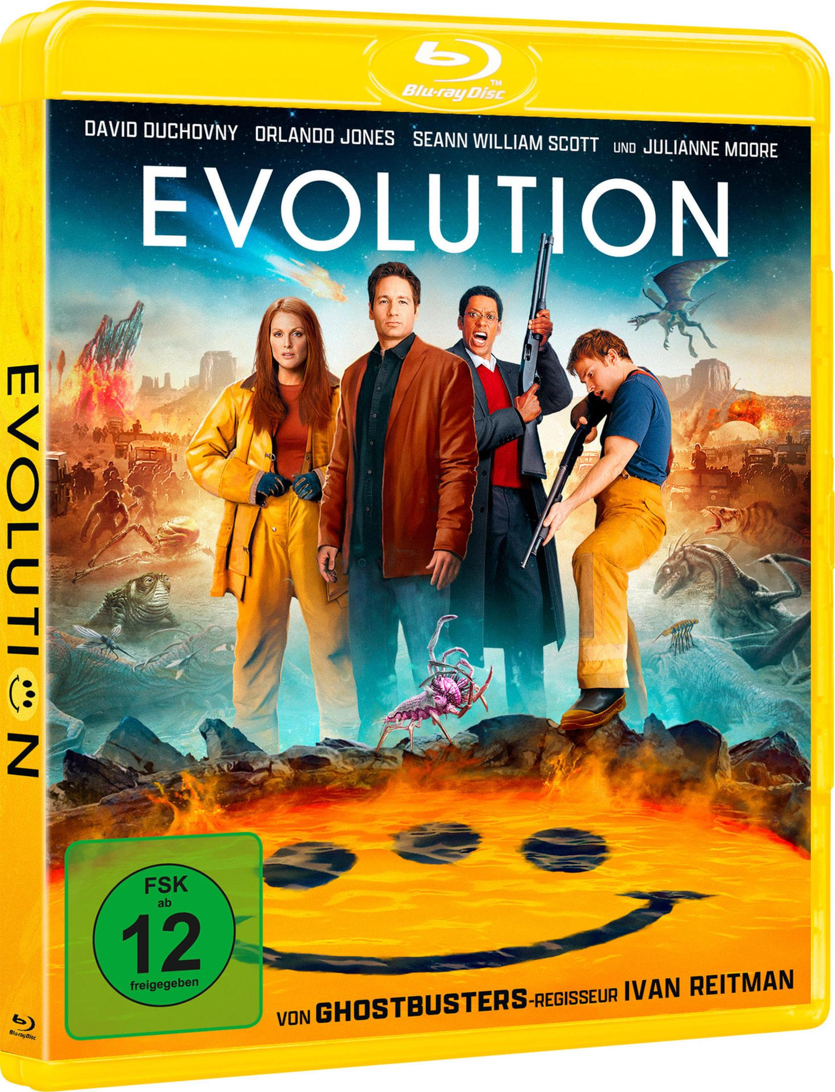 Poster del film: "Evolution" con attori, mostri e un faccina sorridente di lava.