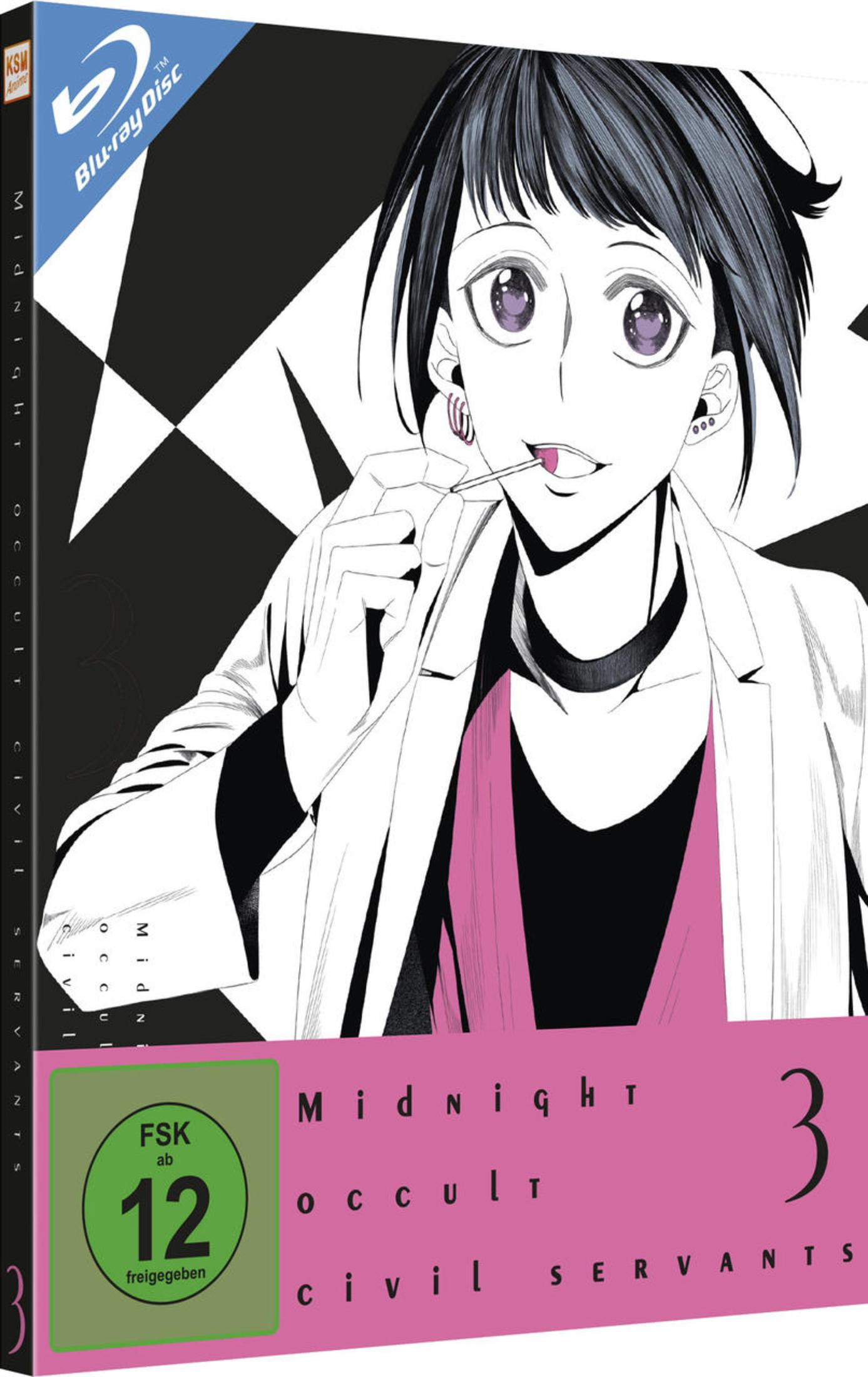 Copertina Blu-ray anime: Ragazza anime con occhi viola tiene un lecca-lecca, titolo: Midnight Occult Civil Servants 3.