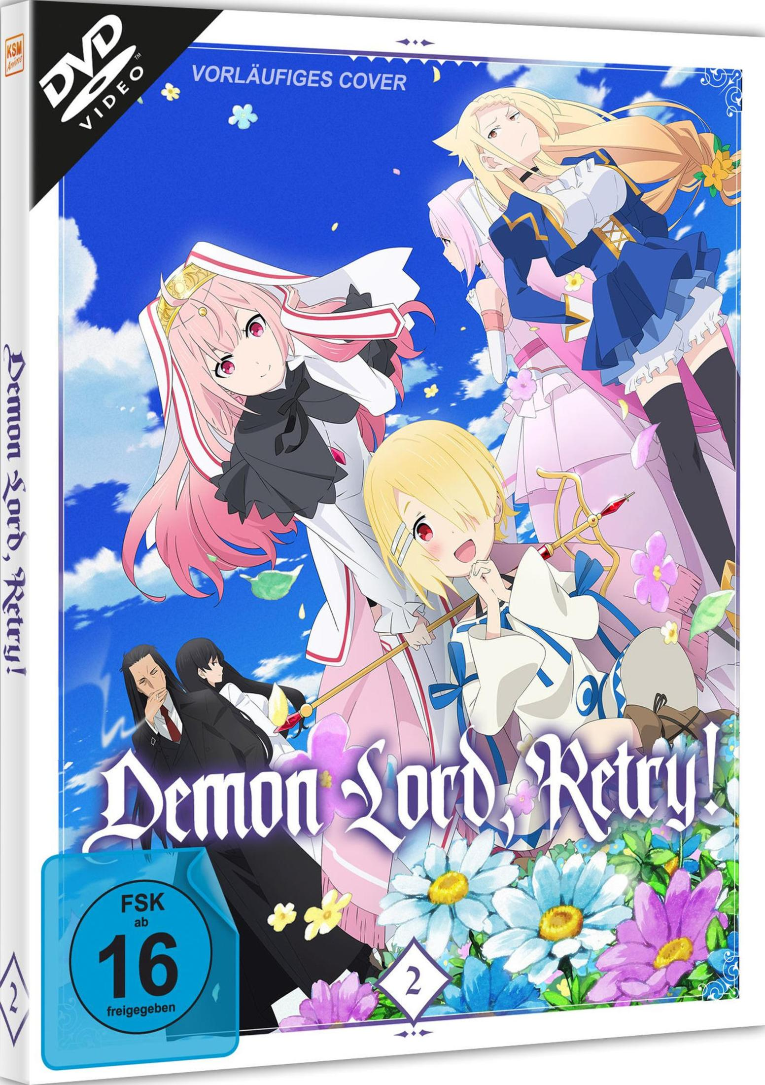 Copertina DVD anime con personaggi, fiori e il titolo "Demon Lord, Retry!".