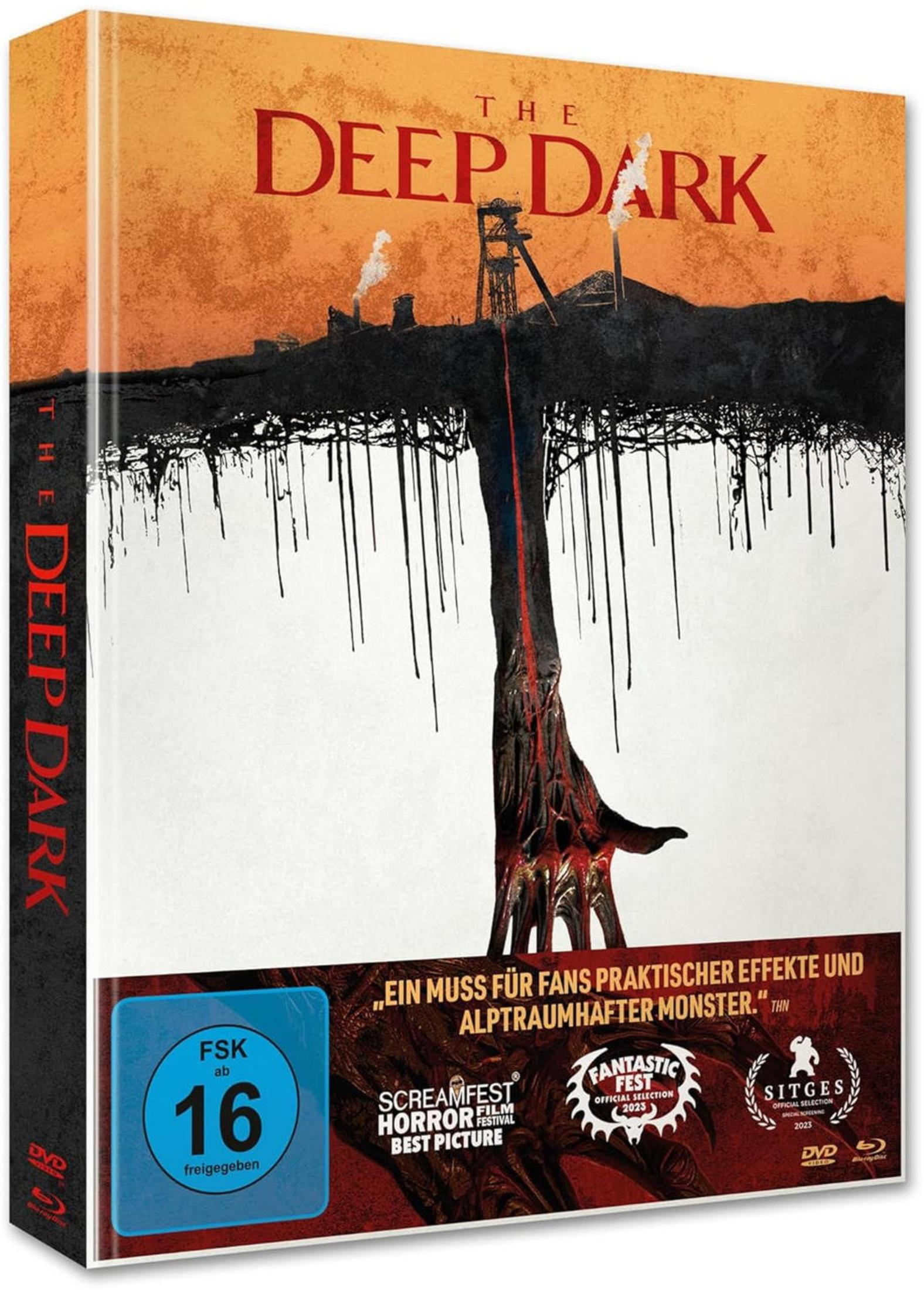Custodia DVD con logo "The Deep Dark", miniera, fumo e sigillo FSK-16.