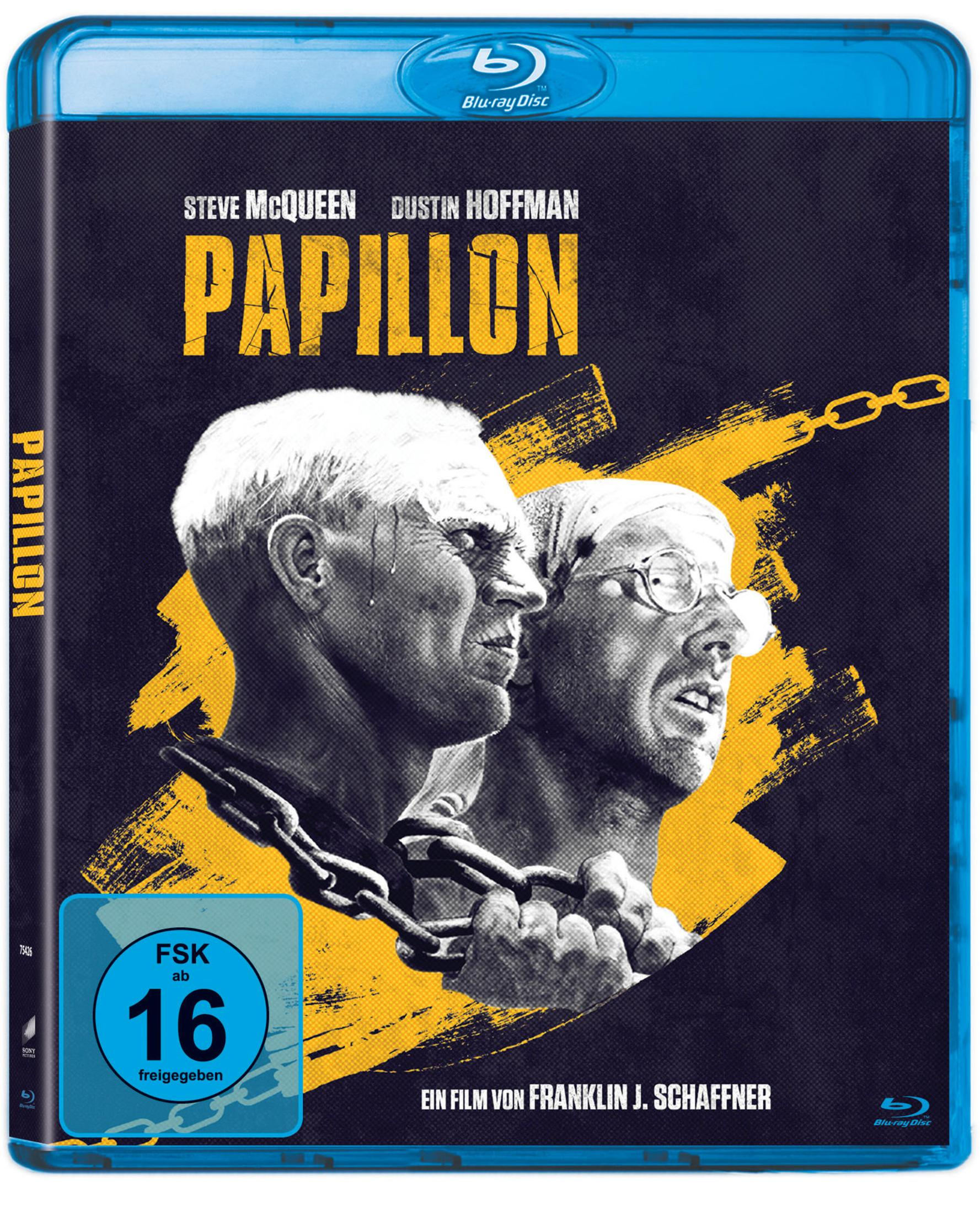 Copertina Blu-ray "Papillon" con Steve McQueen e Dustin Hoffman, bollino FSK 16.